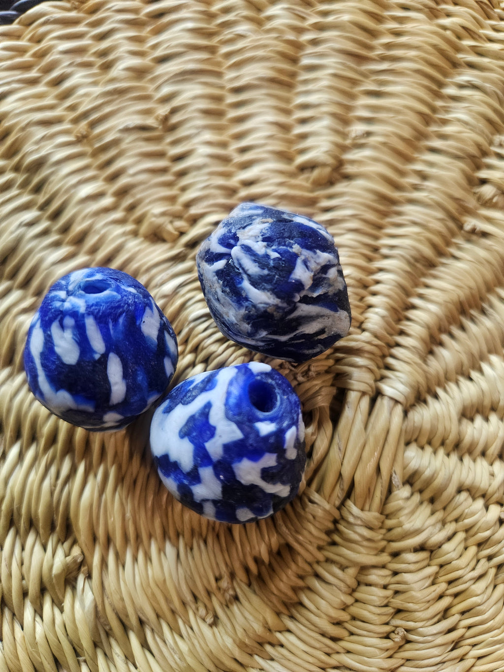 24mm Blue Painted Krobo Focal Bead | Handmade Recycled Glass Ghana