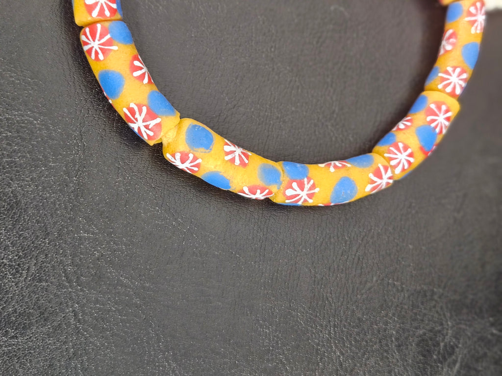 Golden Yellow Krobo Painted Glass Tube Beads with Royal Blue & Coral Red Floral Motifs | Handcrafted Recycled Glass from Ghana