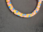 Golden Yellow Krobo Painted Glass Tube Beads with Royal Blue & Coral Red Floral Motifs | Handcrafted Recycled Glass from Ghana