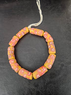 African Glass Beads – Painted Krobo Long Tubes, Gold & Coral Ghana Beads