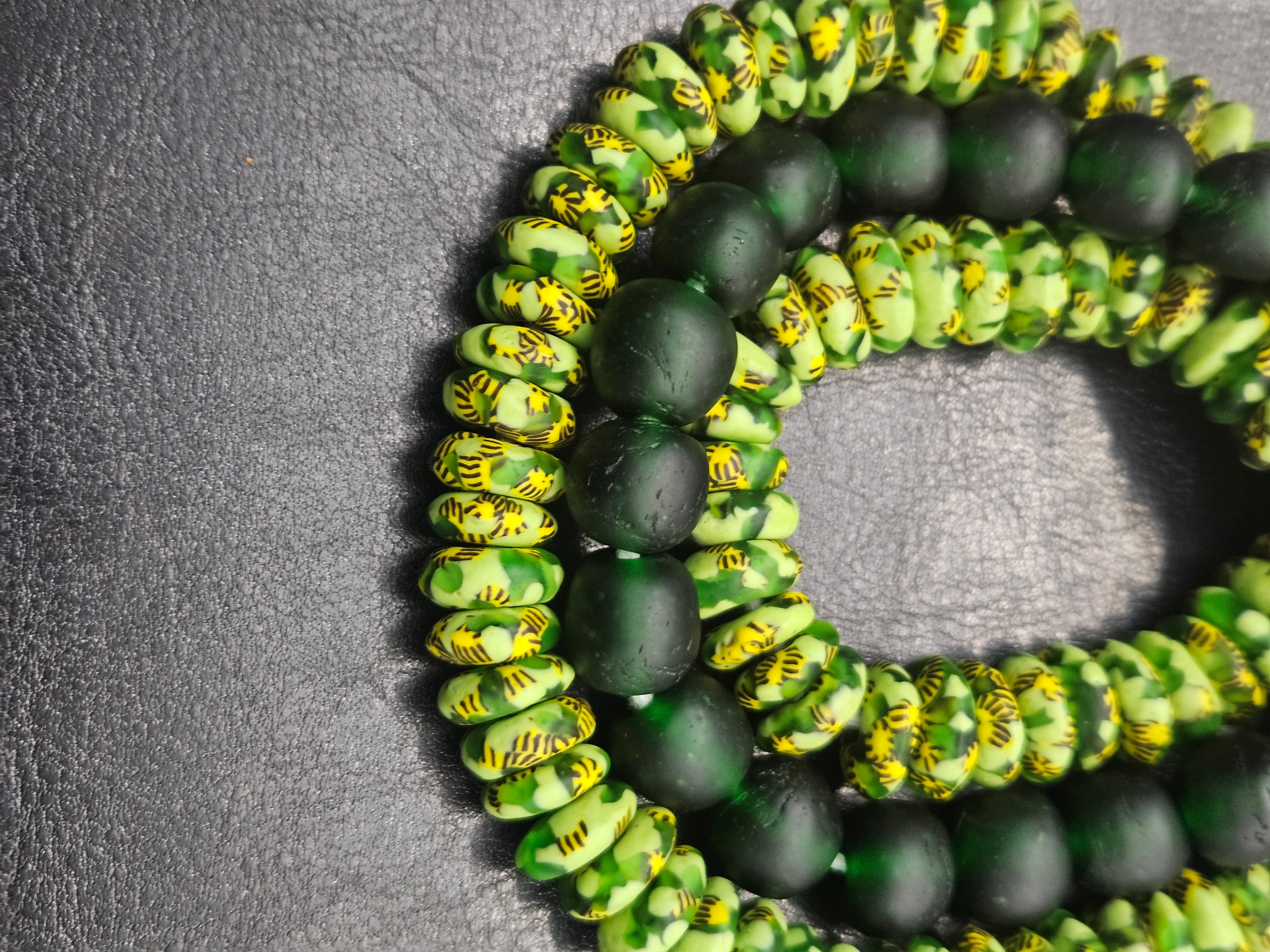 Lime Green Hand-Painted Krobo Rondelle Glass Beads & Emerald Green Pocket Glass Beads | Handmade in Ghana