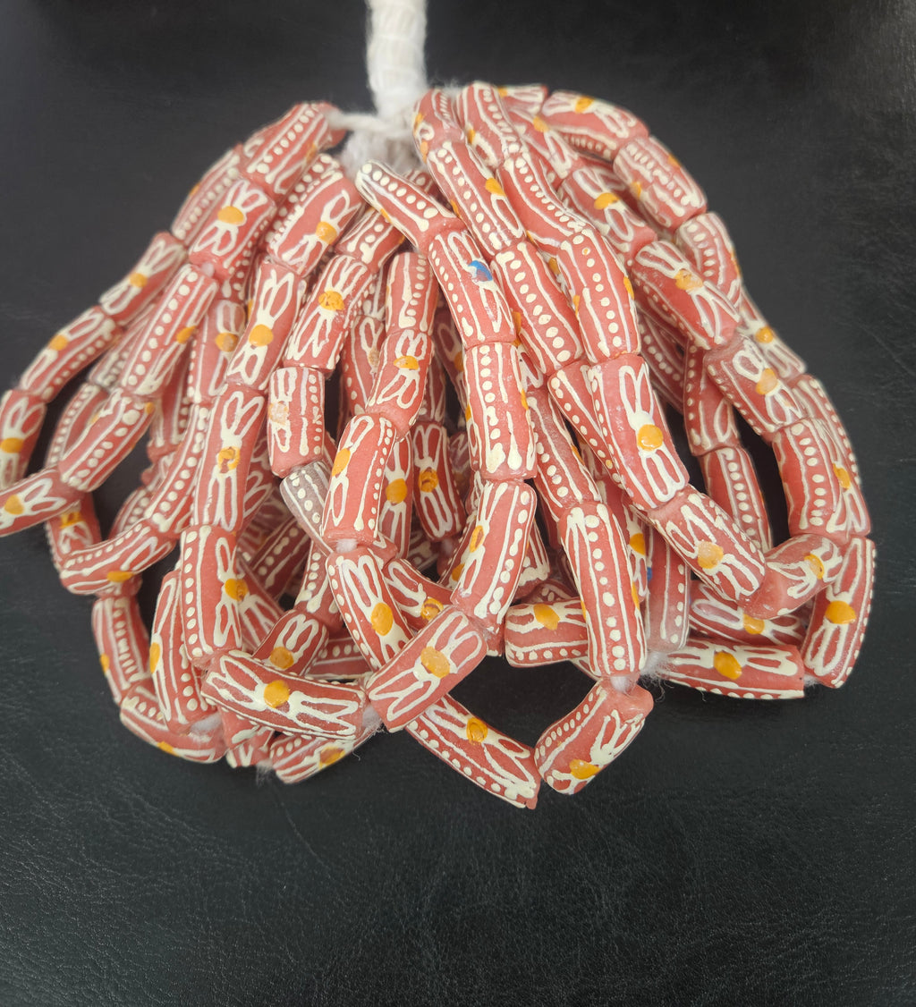 African Glass Beads – Painted Krobo Tubes, Terracotta