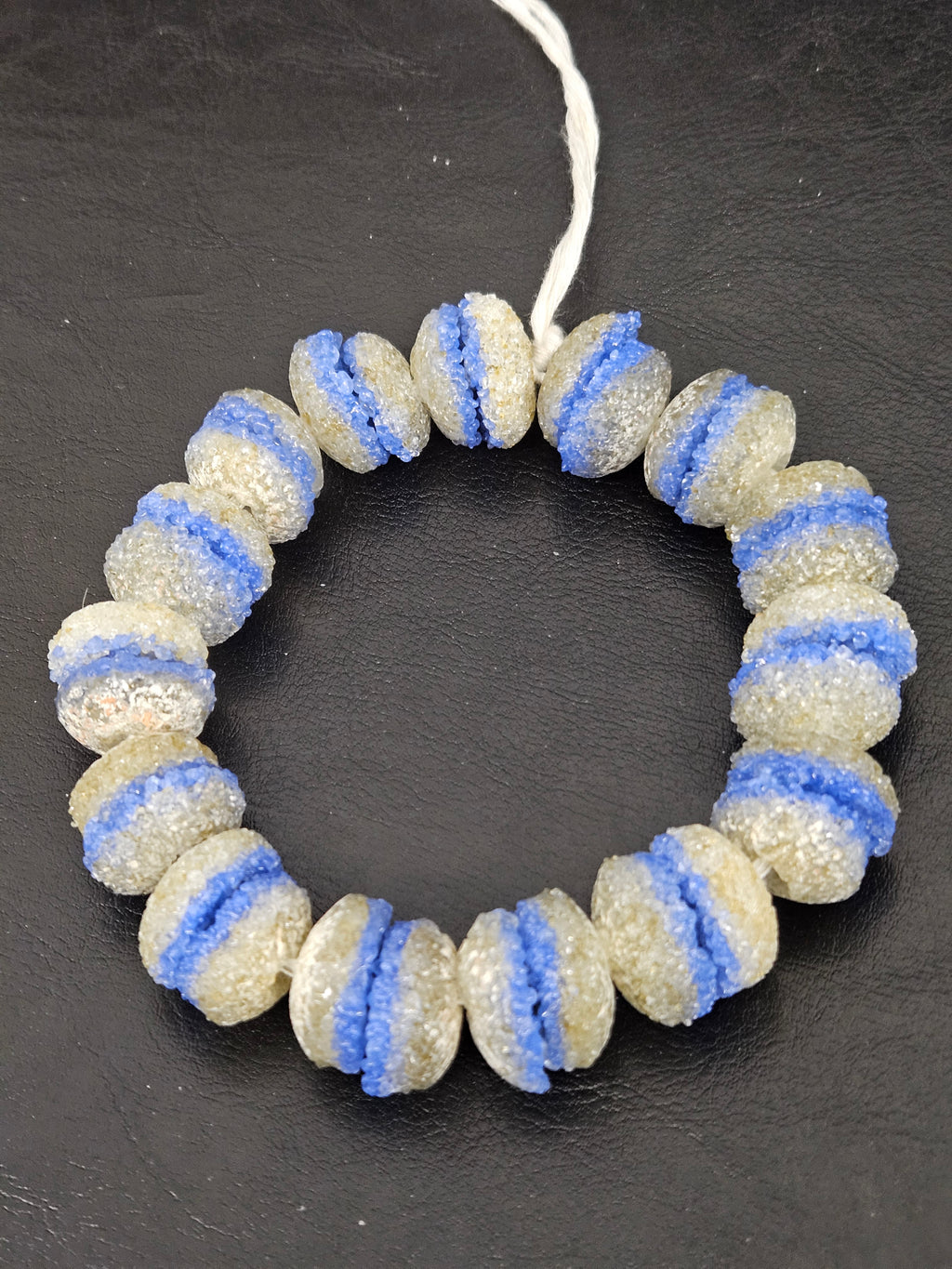 Royal Blue & Ivory Krobo Sugar Glass Rondelle Beads | Handcrafted Recycled Glass Beads from Ghana | Approx. 30 Beads Per Strand