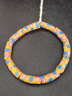 Golden Yellow Krobo Painted Glass Tube Beads with Royal Blue & Coral Red Floral Motifs | Handcrafted Recycled Glass from Ghana