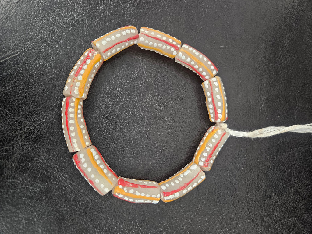 African Glass Beads – Painted Krobo Long Tubes, Gray & Coral Krobo Beads