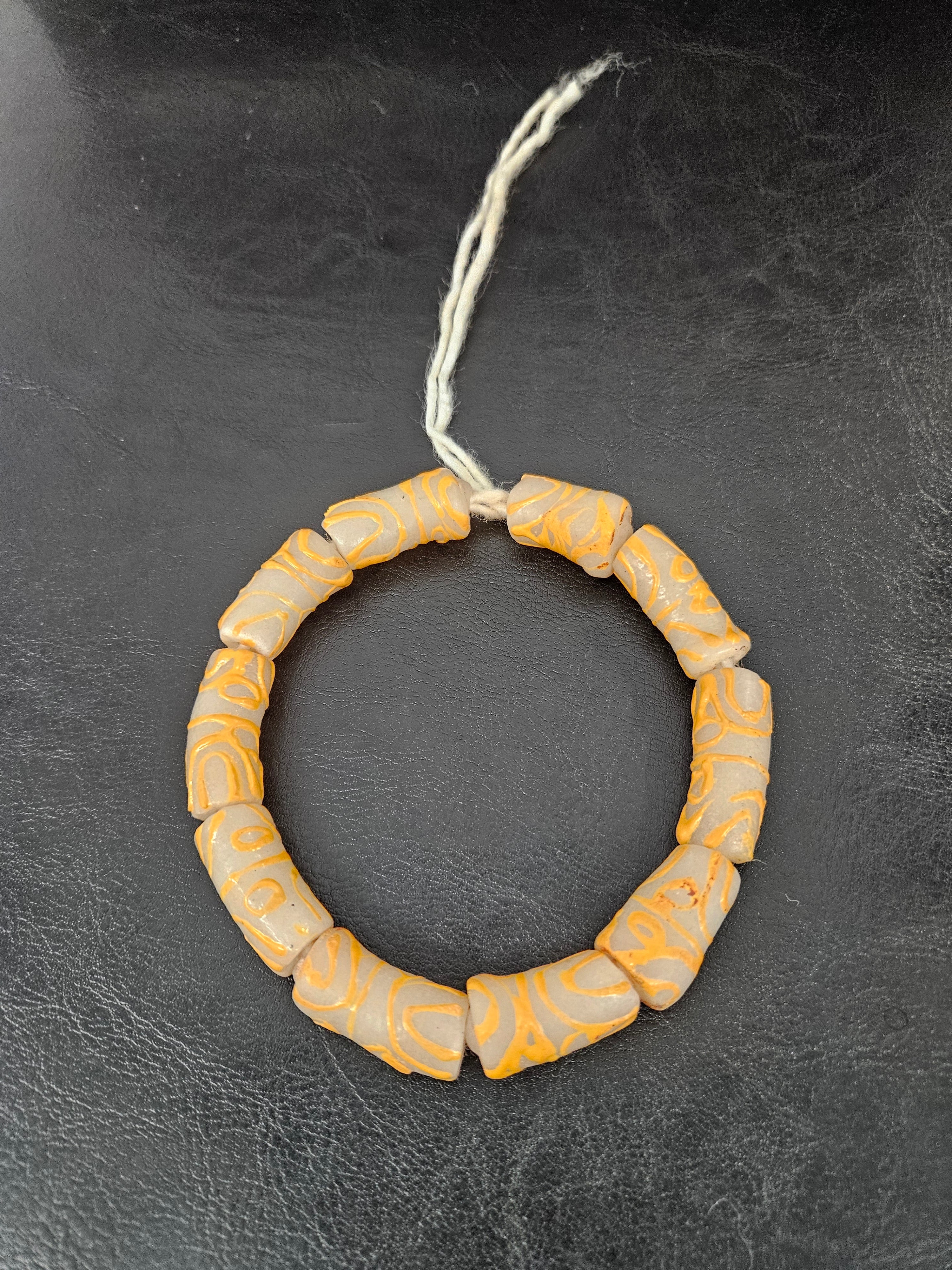 African Glass Beads – Painted Krobo Long Tubes, Frosty White & Gold Beads