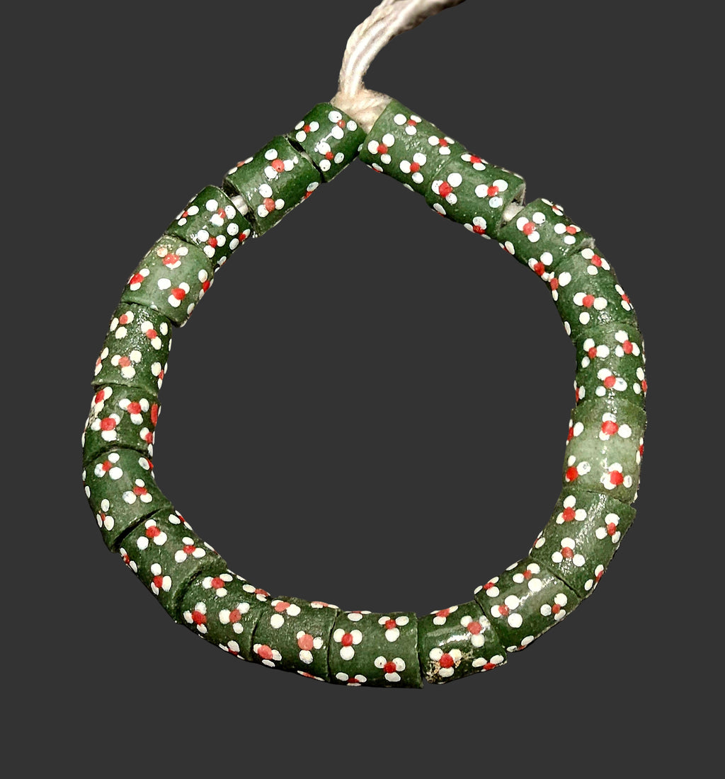 Dark Green Tube Krobo Recycled Glass Beads with Red & White Dots | 10–12.5 × 16–19.5 mm Large Hole Beads | Handcrafted in Ghana