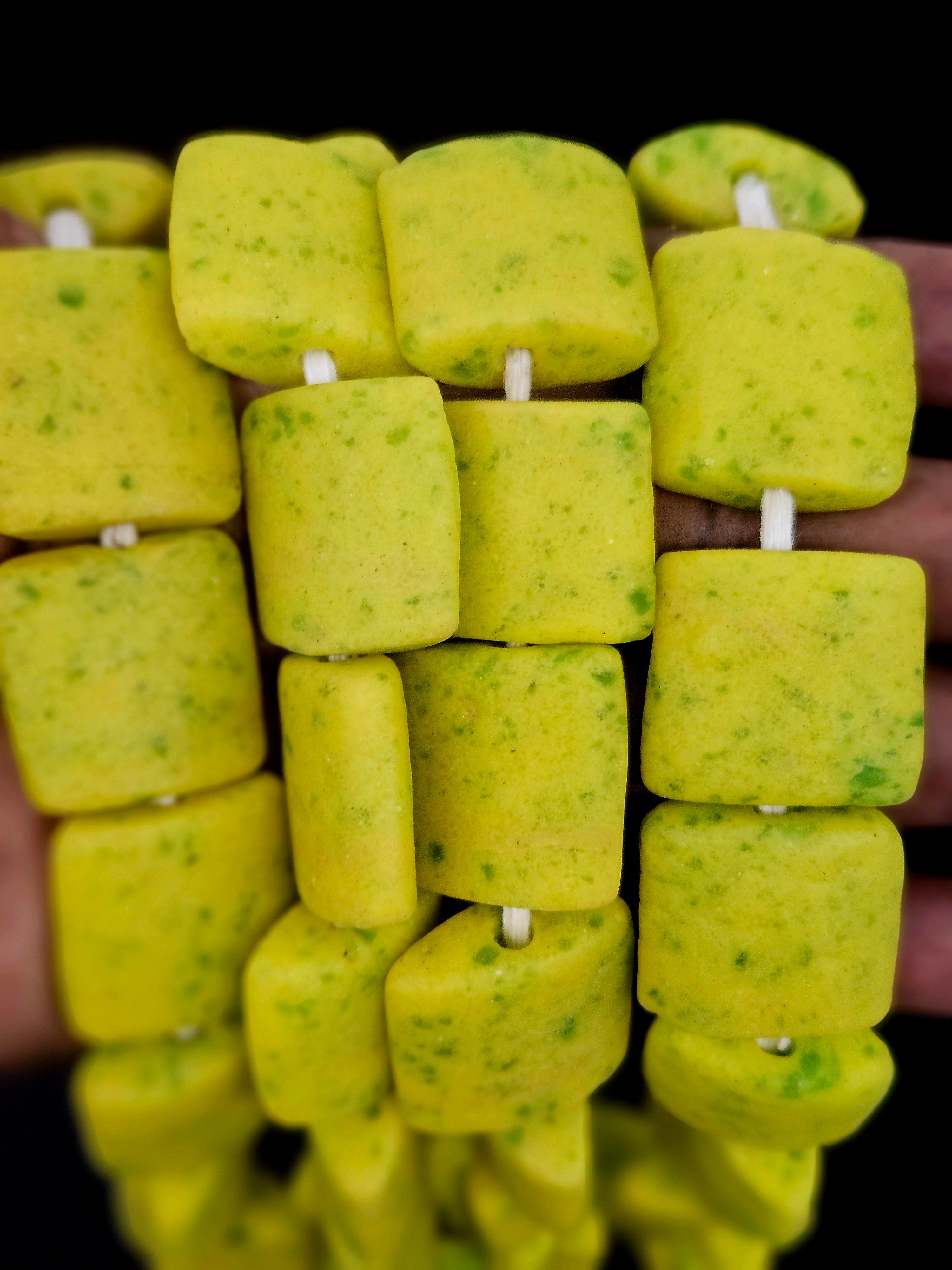 Large Chartreuse Krobo Powdered Glass Pillow Cube Beads | Handmade Recycled Glass Beads from Ghana | 25–26 Beads