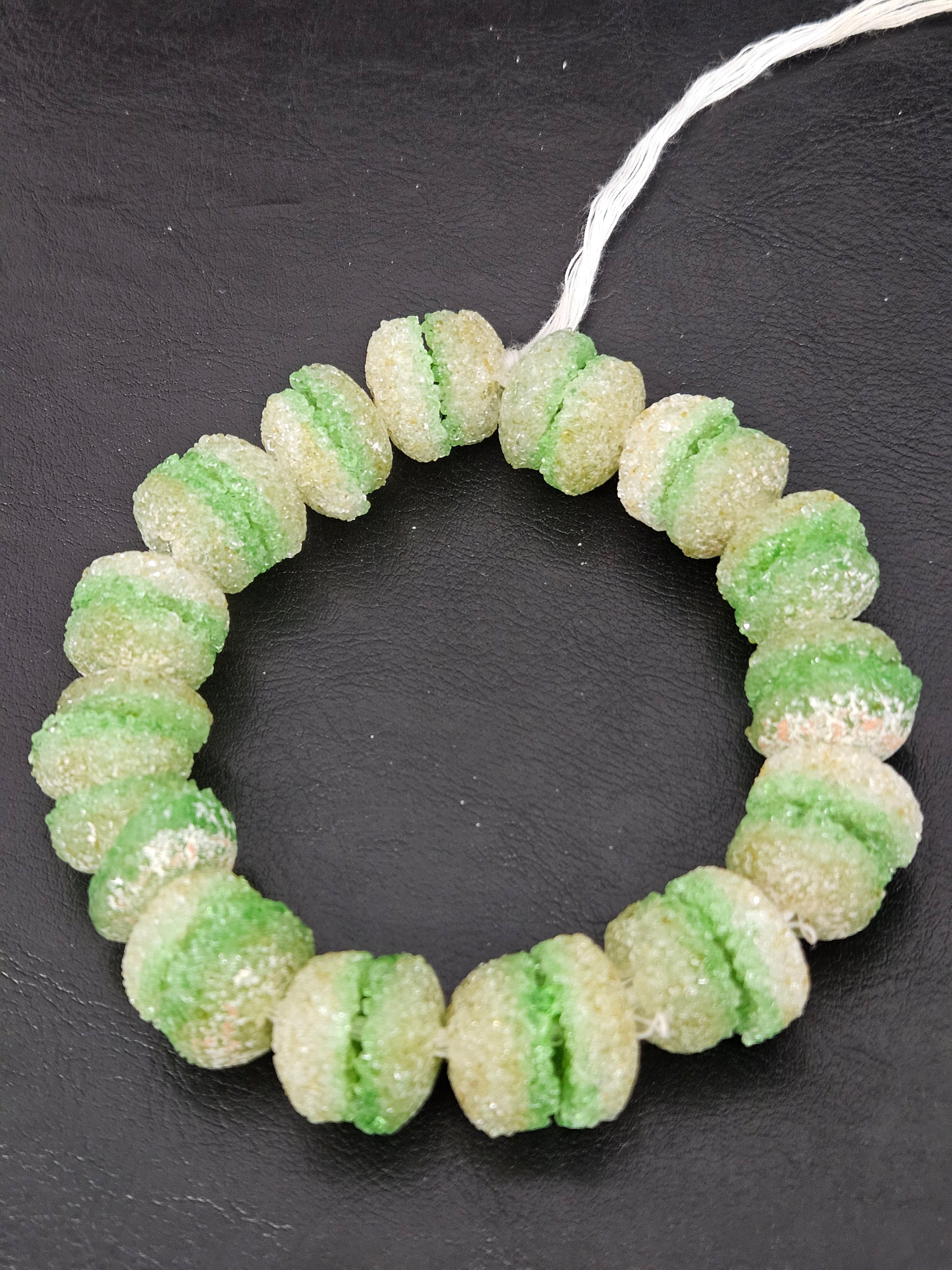 Green & White Krobo Sugar Glass Rondelle Beads | Handcrafted Recycled Glass Beads from Ghana | Approx. 30 Beads Per Strand
