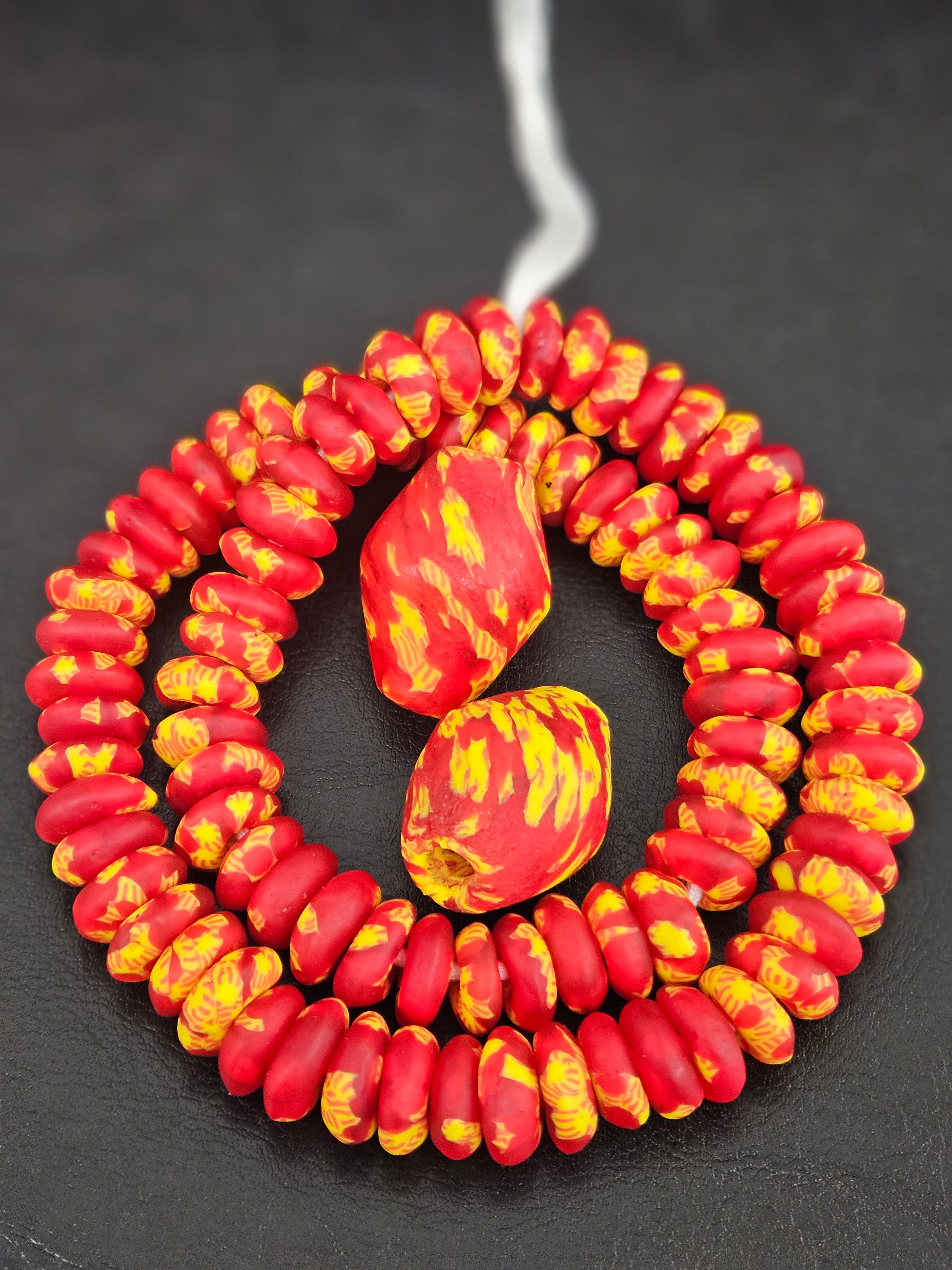 Red & Yellow African Glass Beads Bundle – Krobo Rondelles + Bicone Focals
