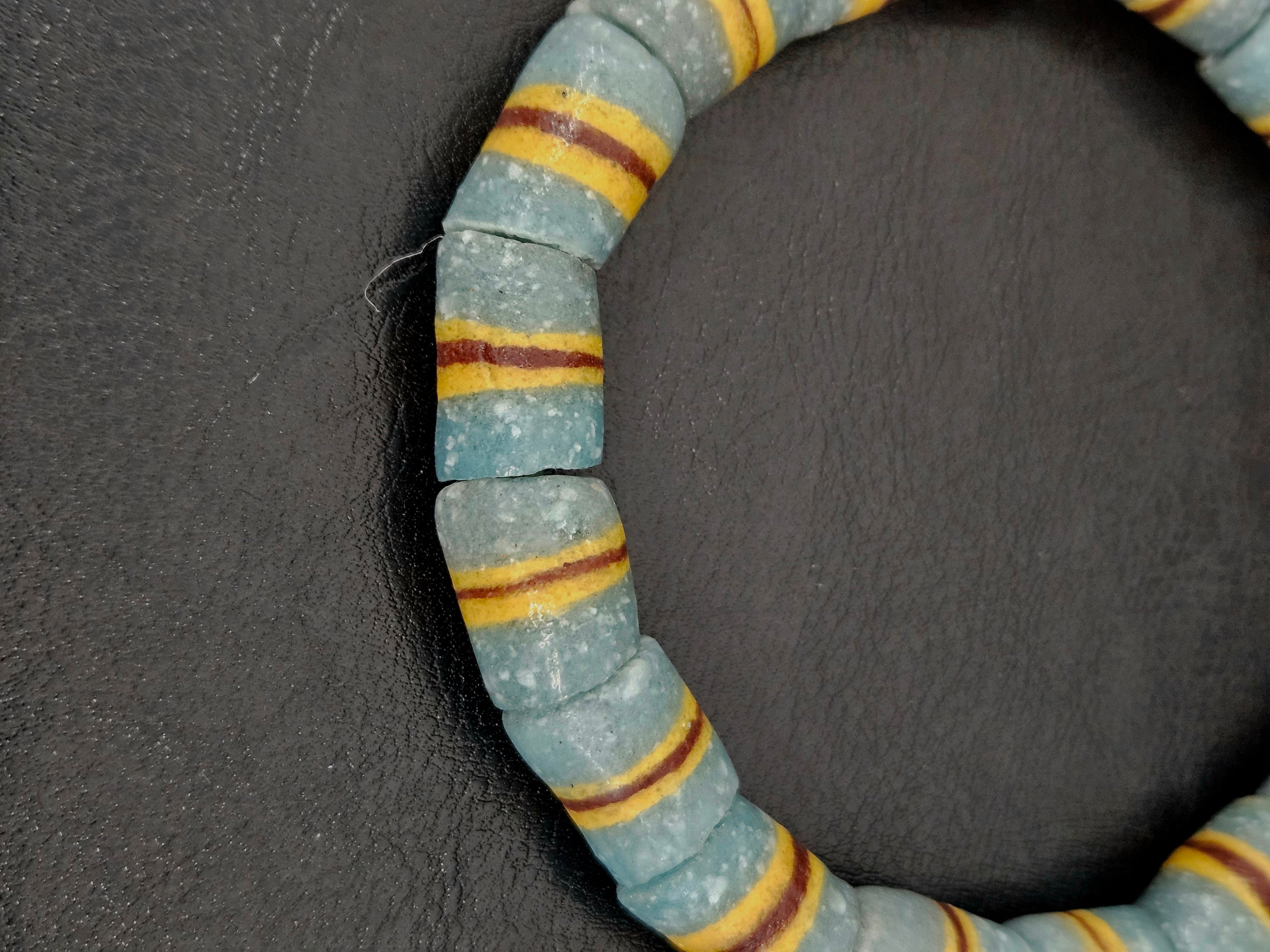 Light Blue Striped Krobo Kente Glass Beads | Handcrafted Powdered Glass Beads from Ghana | Approx. 17 Beads