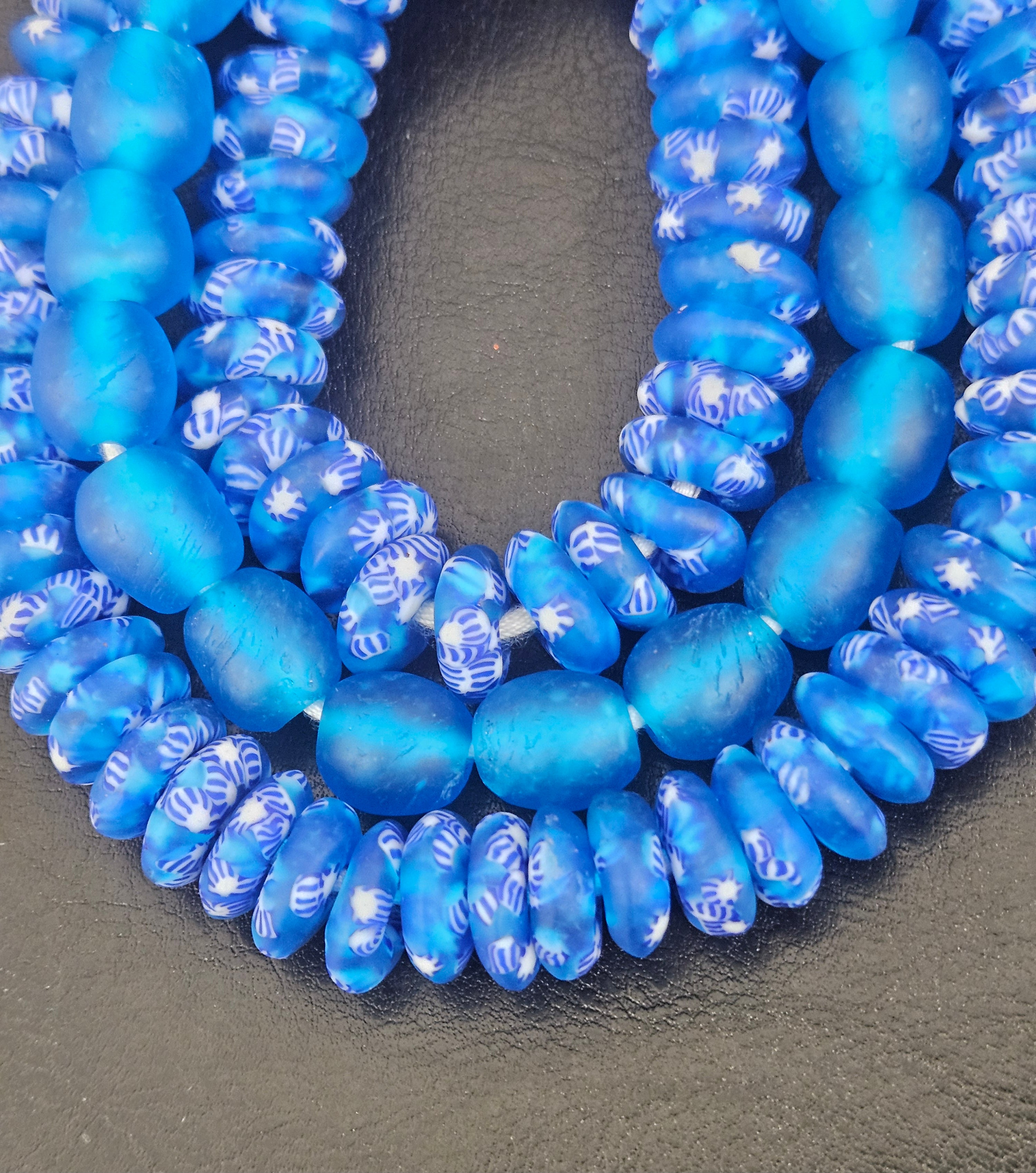 Blue & White African Glass Bead Bundle: Hand-Painted Krobo Rondelle and White Pocket Beads from Ghana