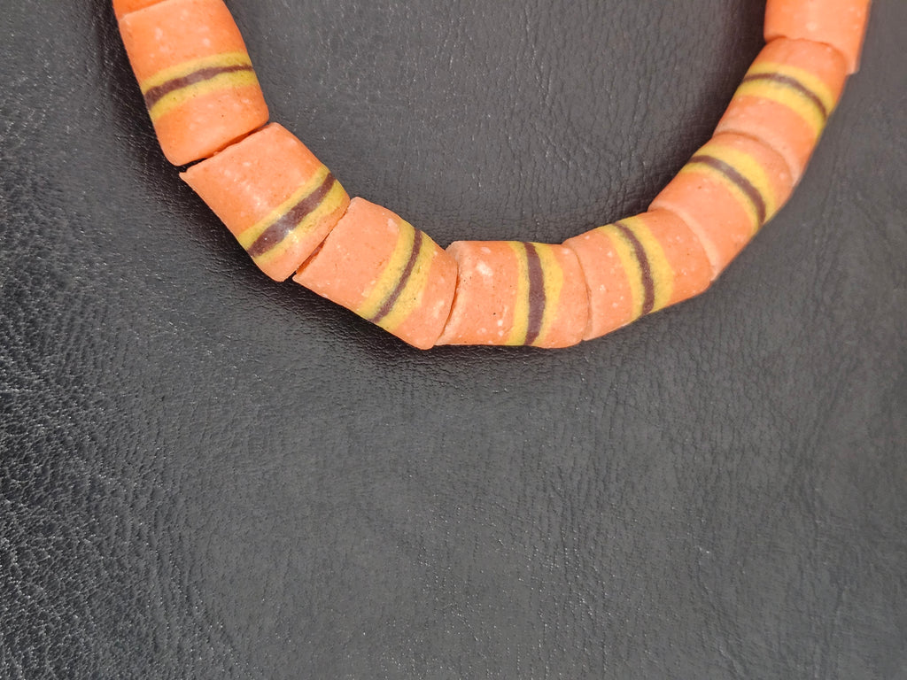 Orange Striped Krobo Kente Glass Beads | Handcrafted Powdered Glass Beads from Ghana | Approx. 17 Beads