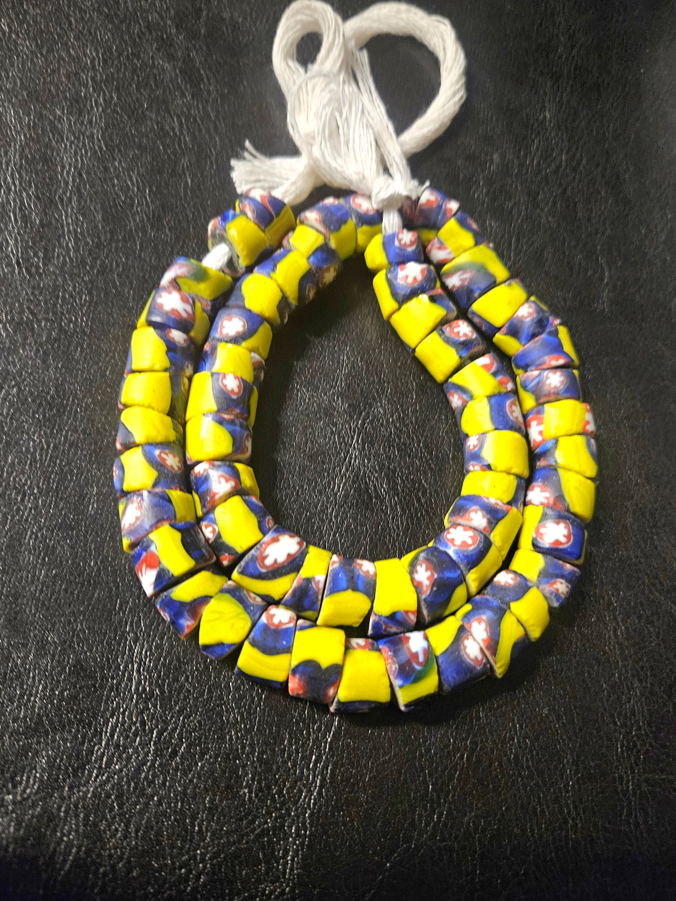 Designer Patterned Trade Beads – Yellow, Blue & Red Motif Strand