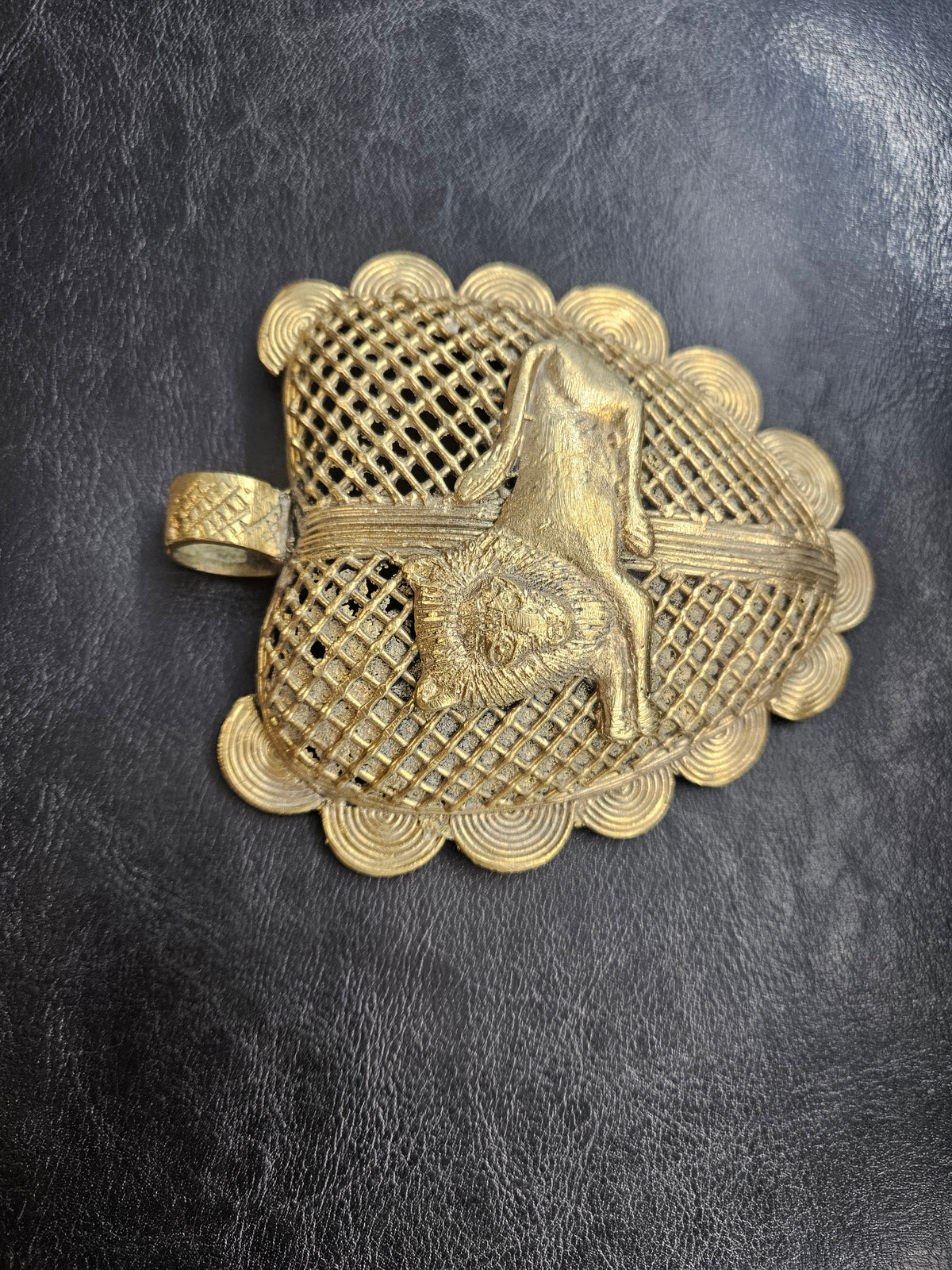 Lion on Adinkrahene African Brass Pendant | Handmade in Ghana