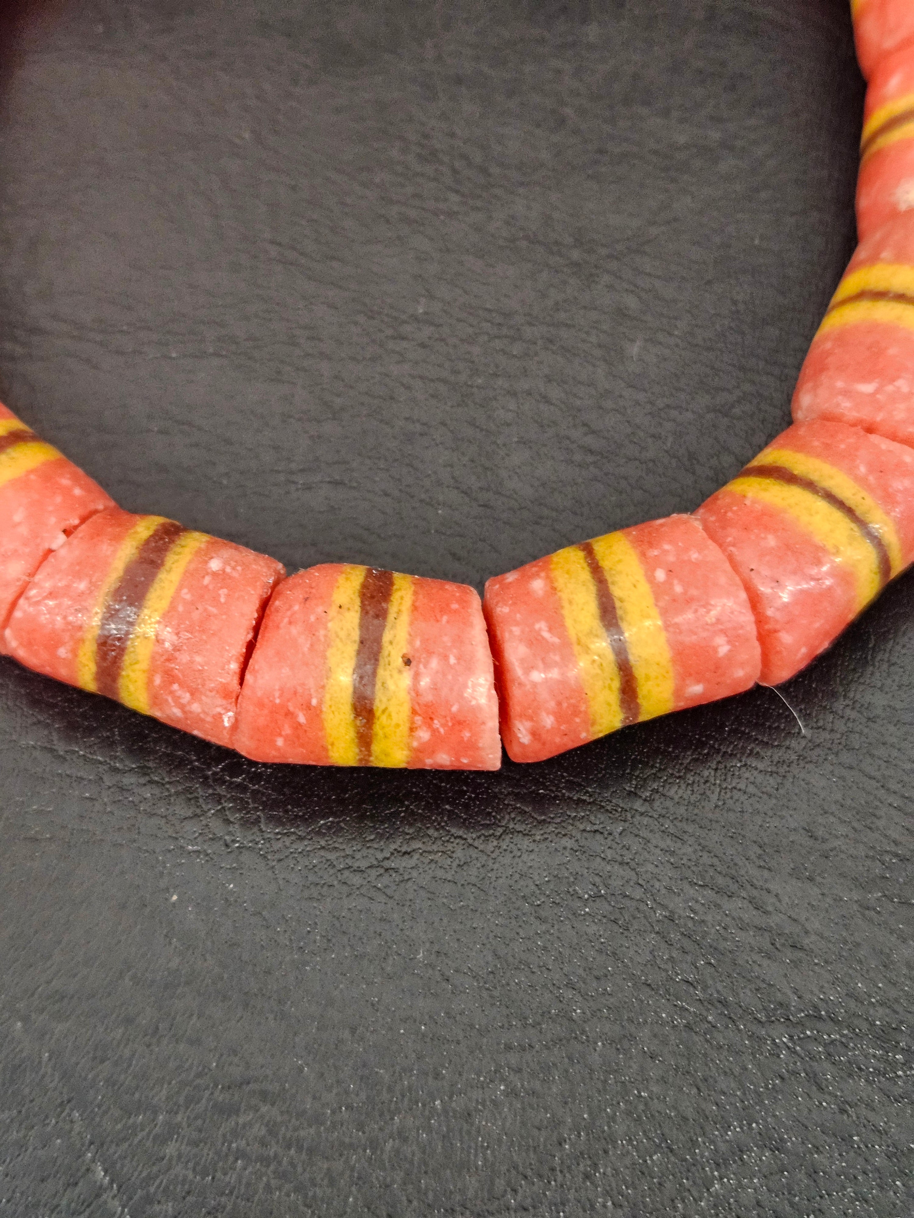 Red Striped Krobo Kente Glass Beads | Handcrafted Powdered Glass Beads from Ghana | Approx. 17 Beads