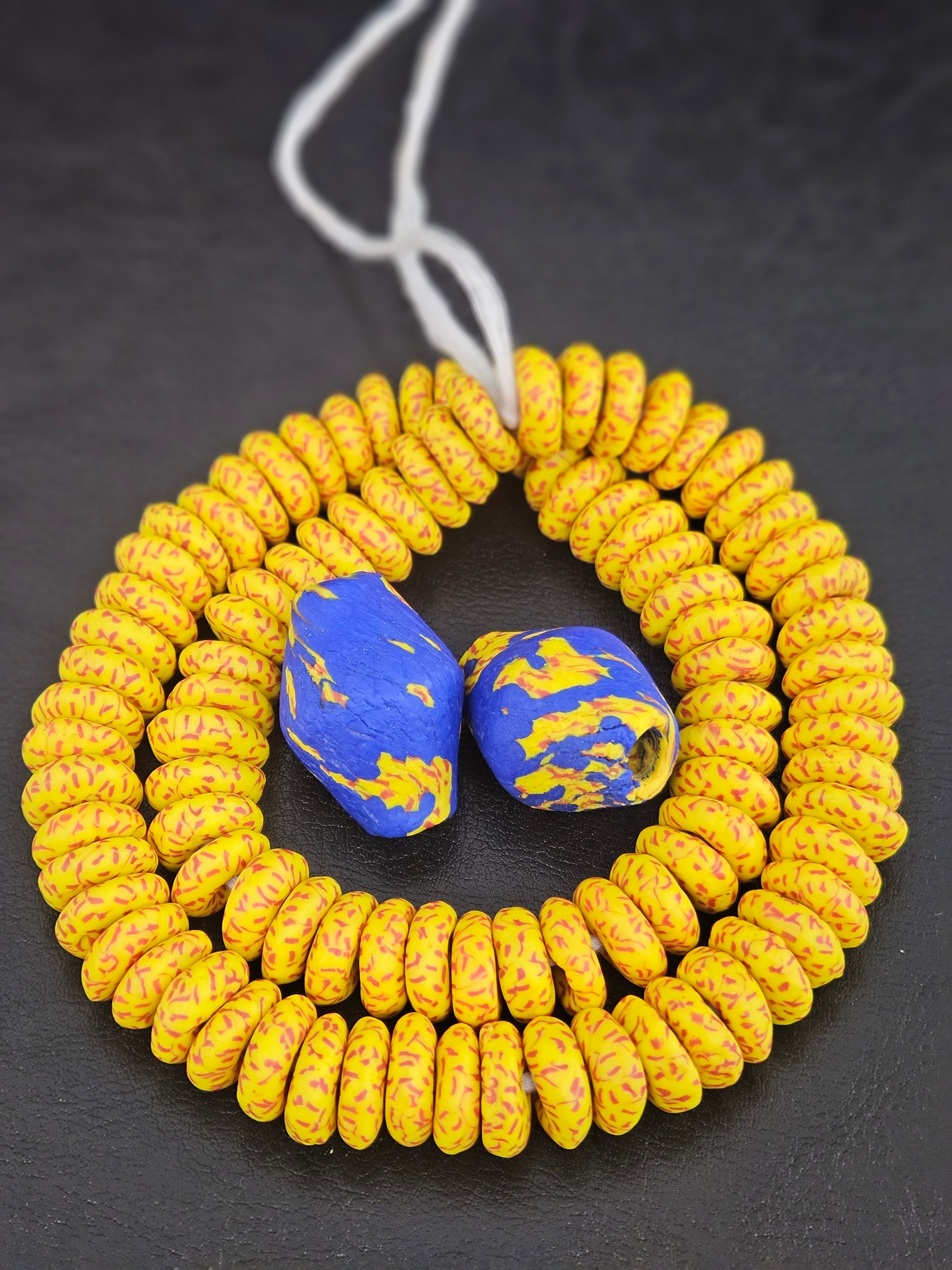 Yellow African Beads Bundle – Krobo Glass Rondelles + Bicone Focals