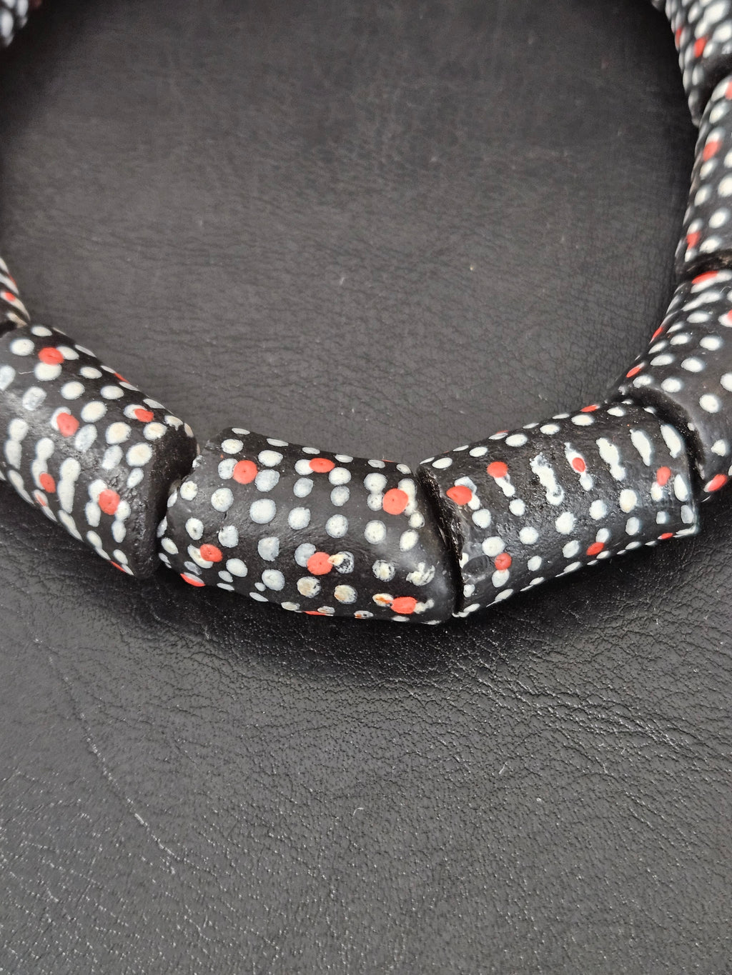 Painted Krobo Glass Beads | Black Red & White Polka Dot Long Tube Beads | Handcrafted Ghana Recycled Glass Beads