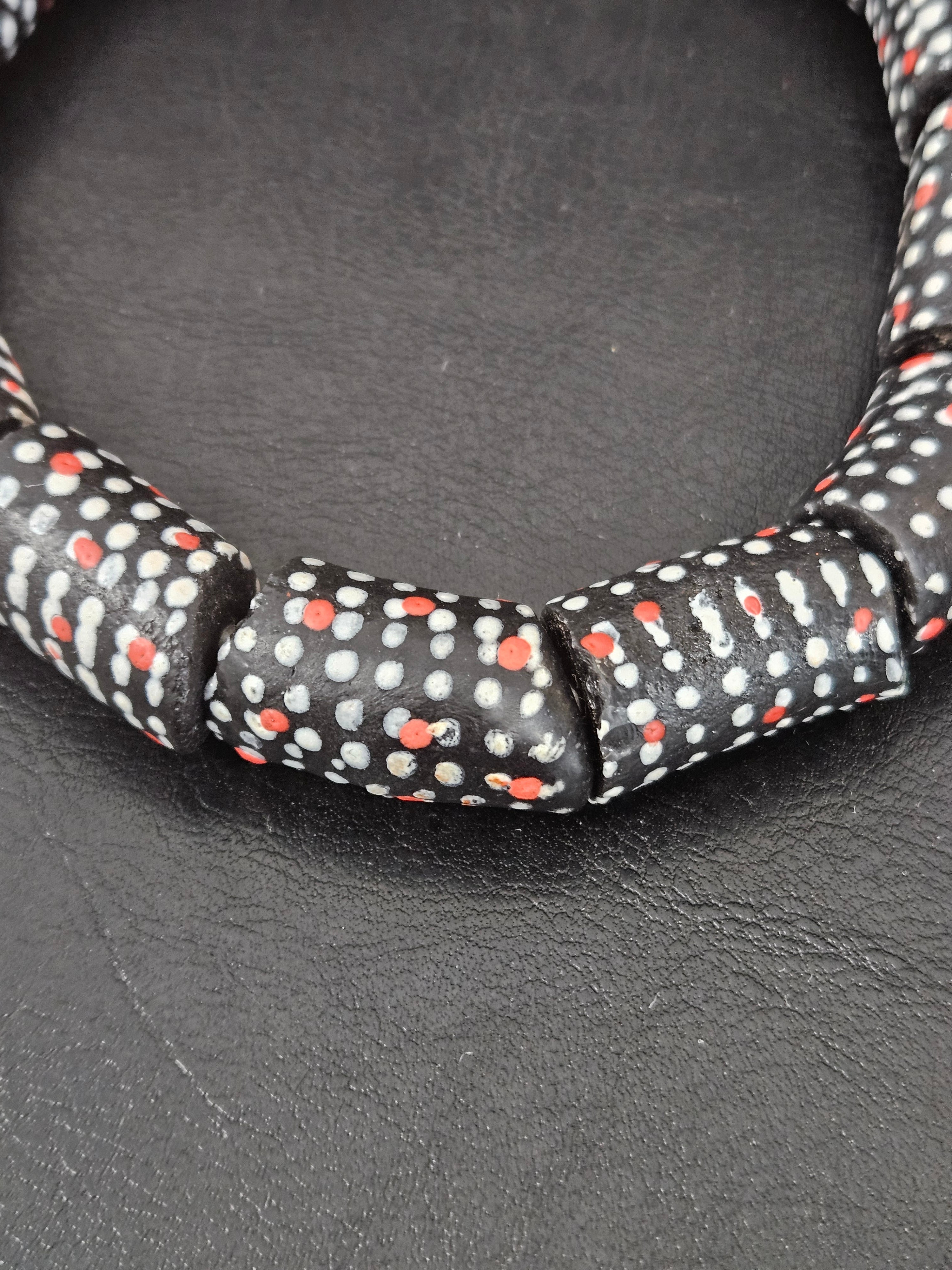 Painted Krobo Glass Beads | Black Red & White Polka Dot Long Tube Beads | Handcrafted Ghana Recycled Glass Beads