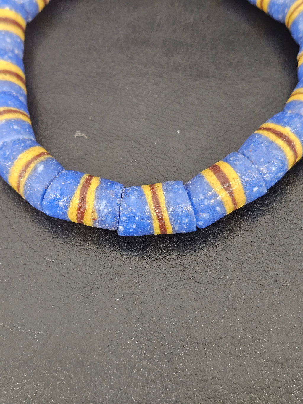 Blue Striped Krobo Kente Glass Beads | Handcrafted Powdered Glass Beads from Ghana | Approx. 17 Beads