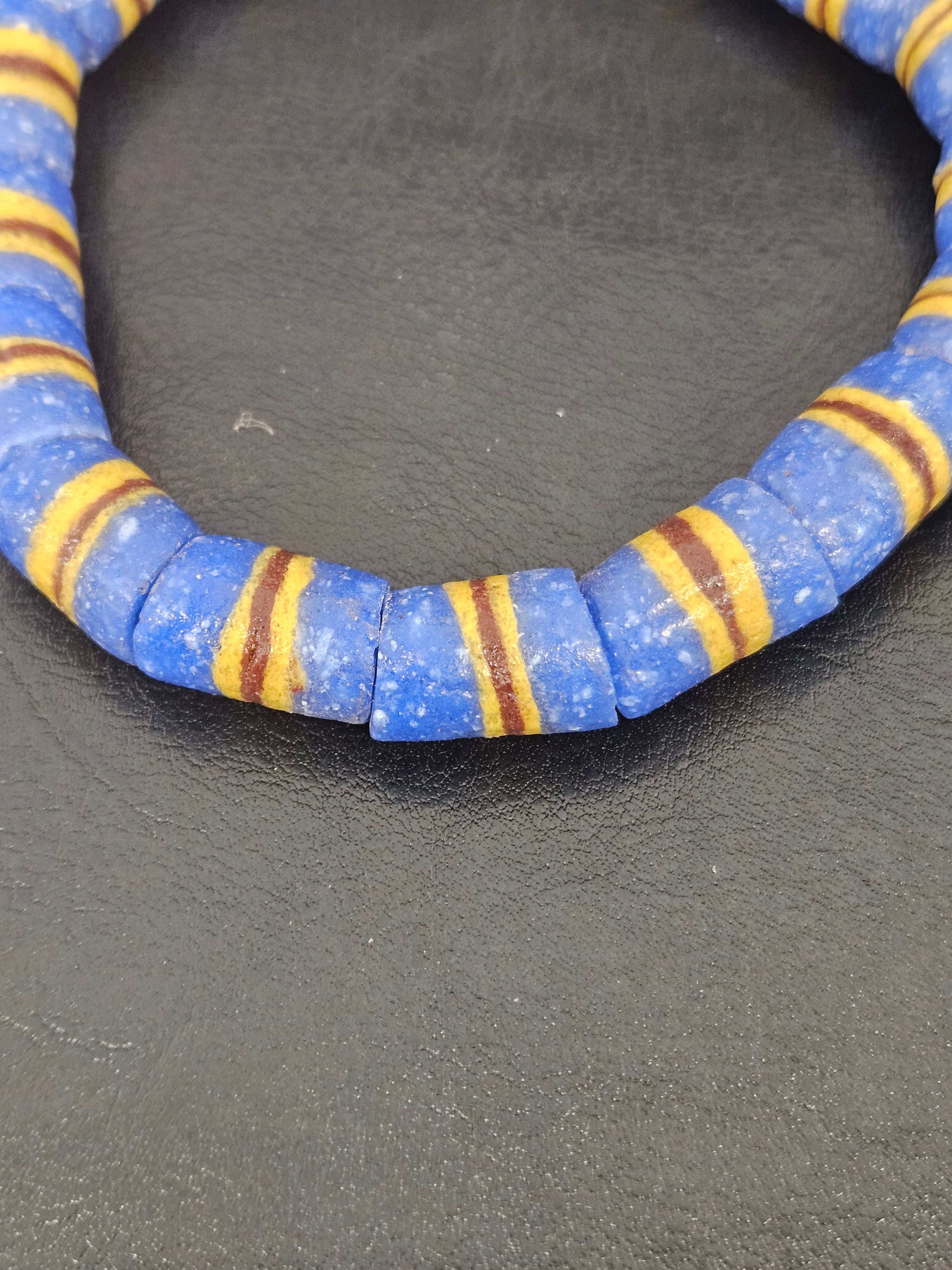 Blue Striped Krobo Kente Glass Beads | Handcrafted Powdered Glass Beads from Ghana | Approx. 17 Beads