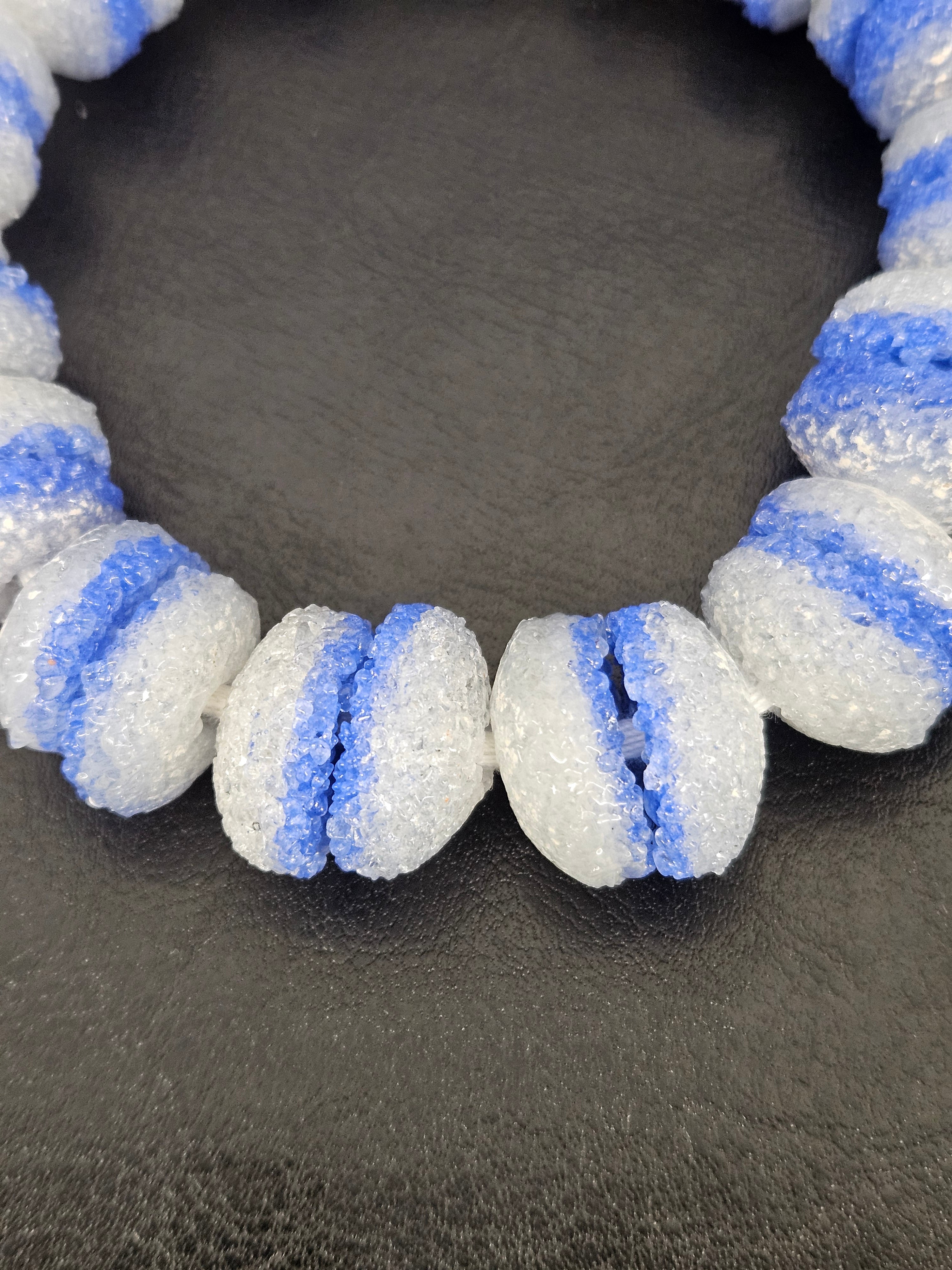 Blue & White Krobo Sugar Glass Rondelle Beads | Handcrafted Recycled Glass Beads from Ghana | Approx. 30 Beads Per Strand