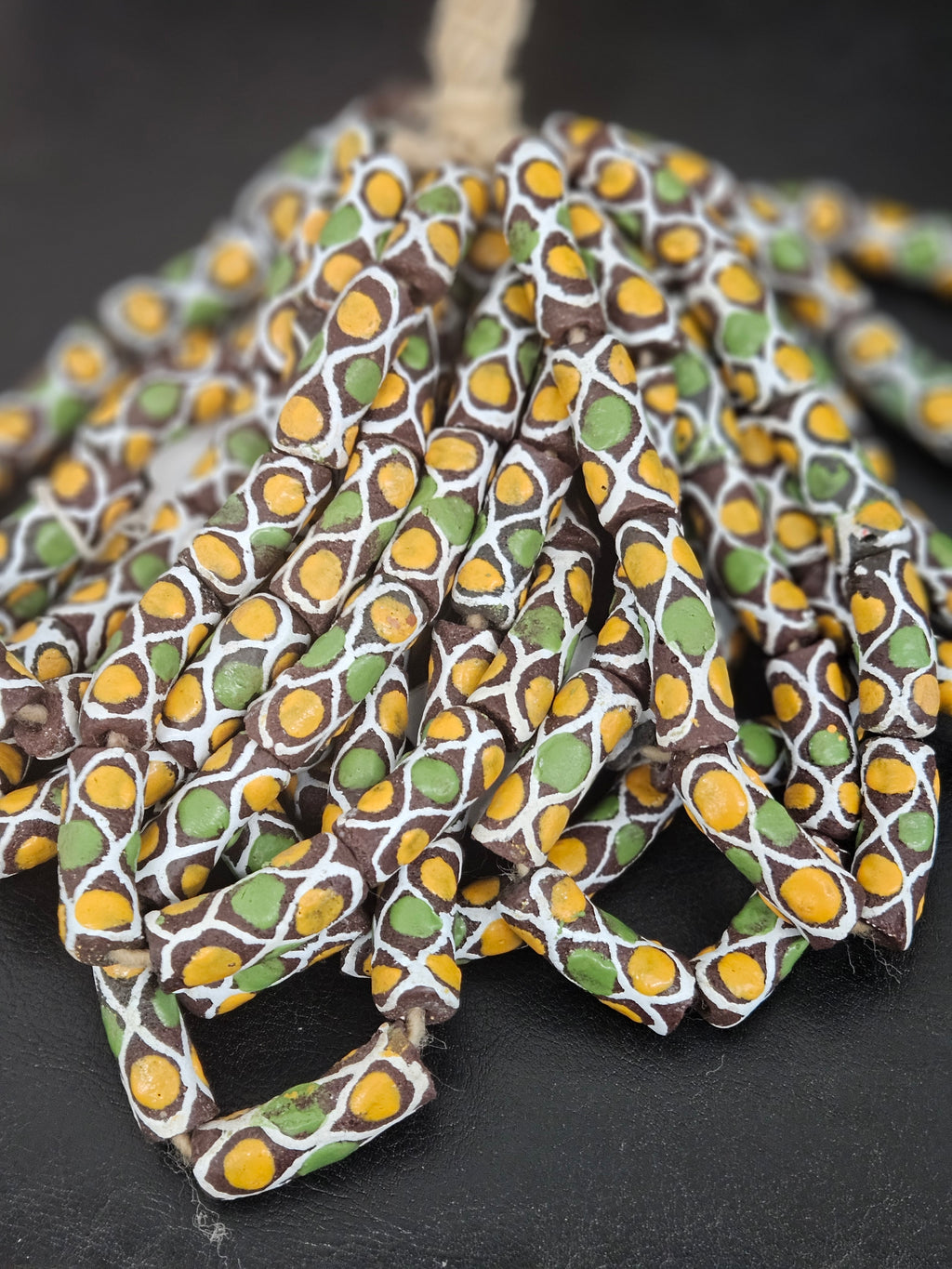 Chocolate Brown Krobo Painted Glass Tube Beads with Golden Yellow & Leaf Green Mosaic Motifs | Handcrafted Recycled Glass from Ghana