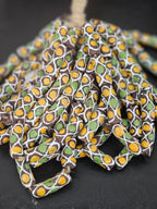 Chocolate Brown Krobo Painted Glass Tube Beads with Golden Yellow & Leaf Green Mosaic Motifs | Handcrafted Recycled Glass from Ghana