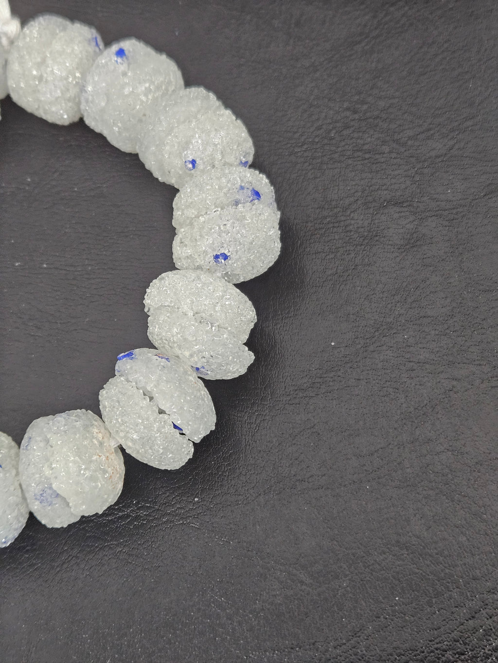 White & Blue Speckled Krobo Sugar Glass Rondelle Beads | Handcrafted Recycled Glass Beads from Ghana | Approx. 30 Beads Per Strand
