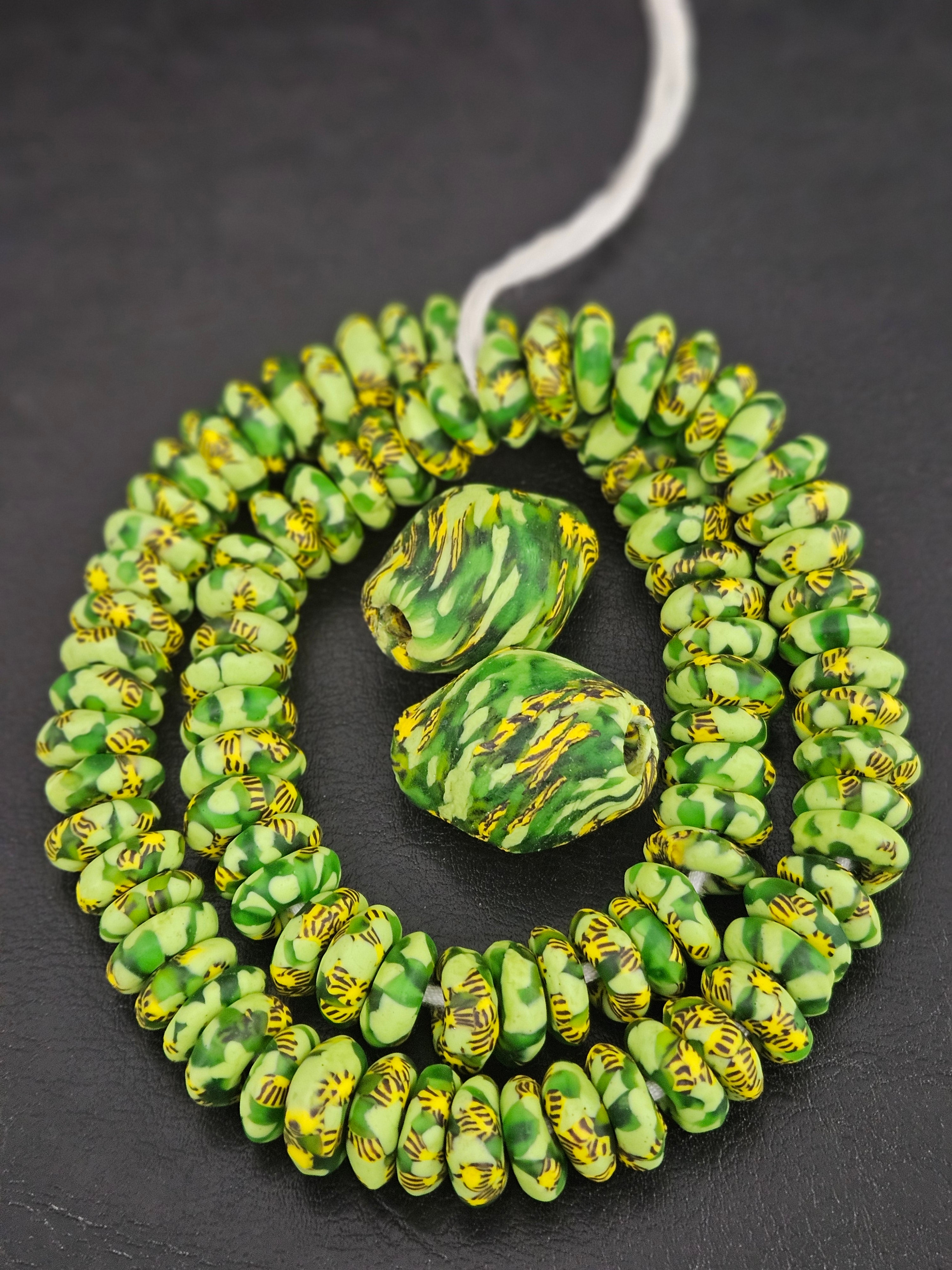 Green African Beads Bundle – Krobo Glass Rondelles + Bicone Focals