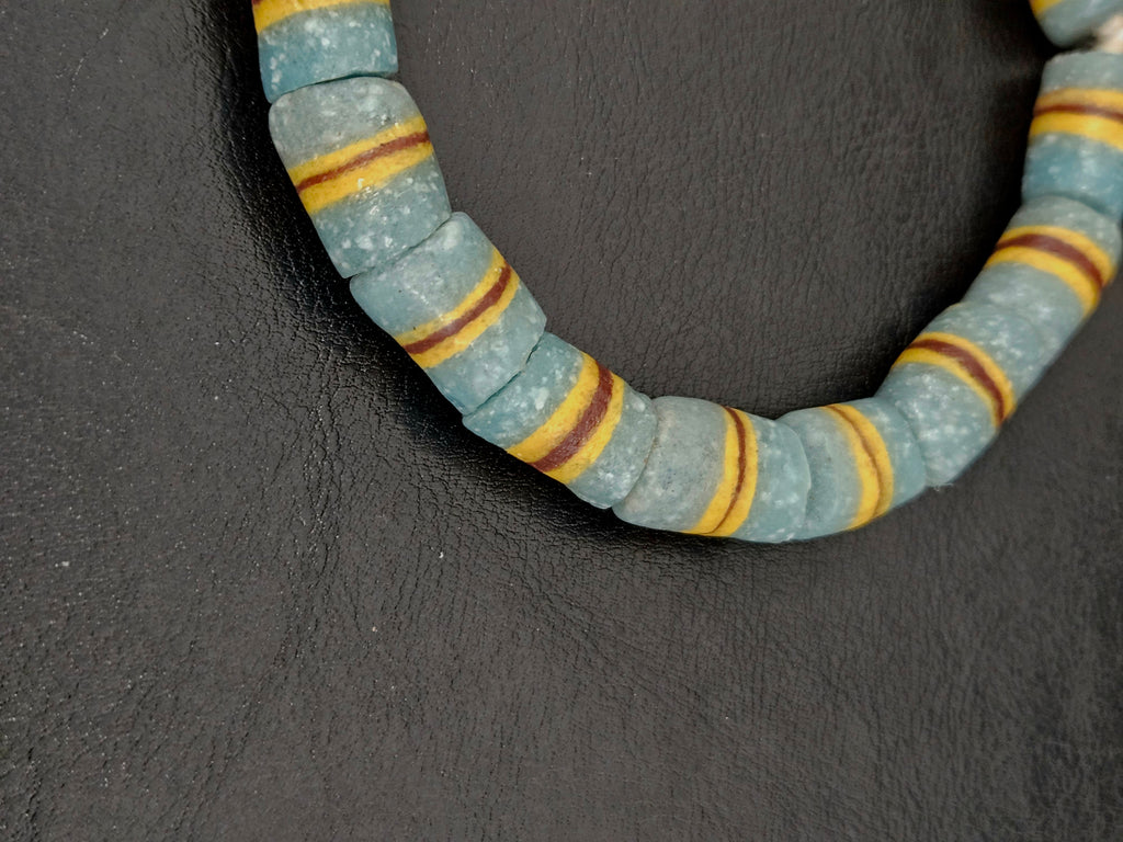 Light Blue Striped Krobo Kente Glass Beads | Handcrafted Powdered Glass Beads from Ghana | Approx. 17 Beads