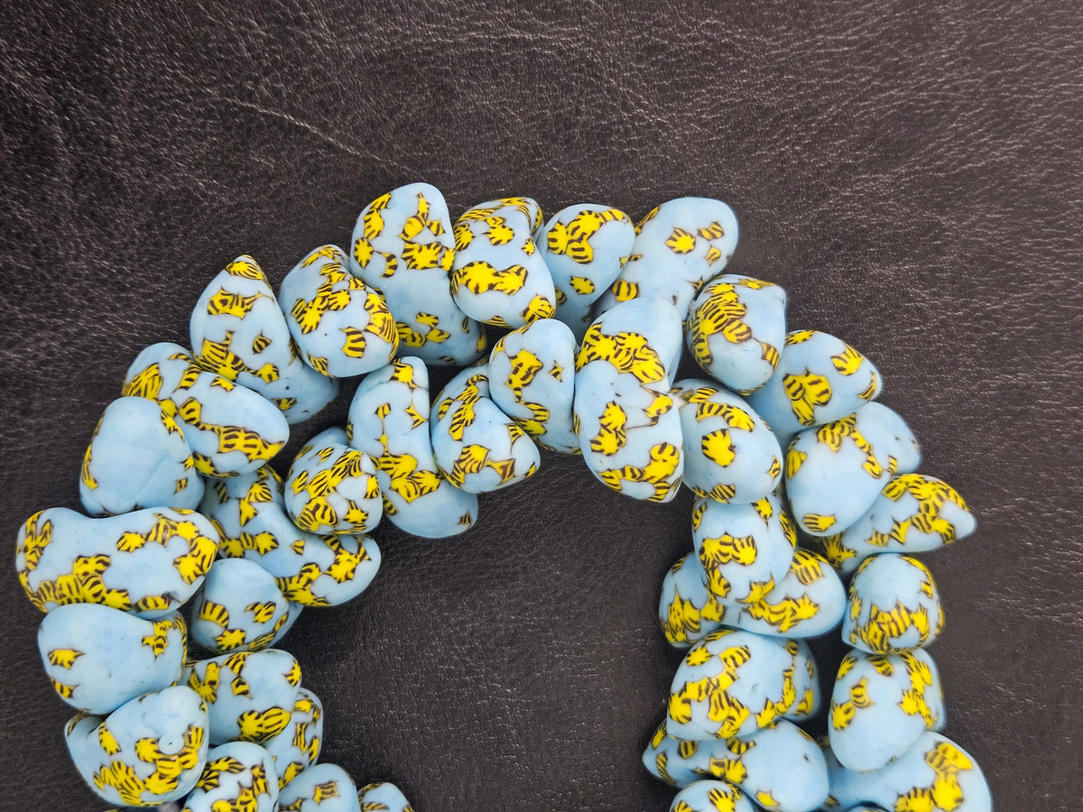 XL Sky Blue, Black & Golden Yellow Canoe-Shaped Krobo Powdered Glass Beads | Handmade Recycled Glass Beads from Ghana | Large Hole African Designer Beads