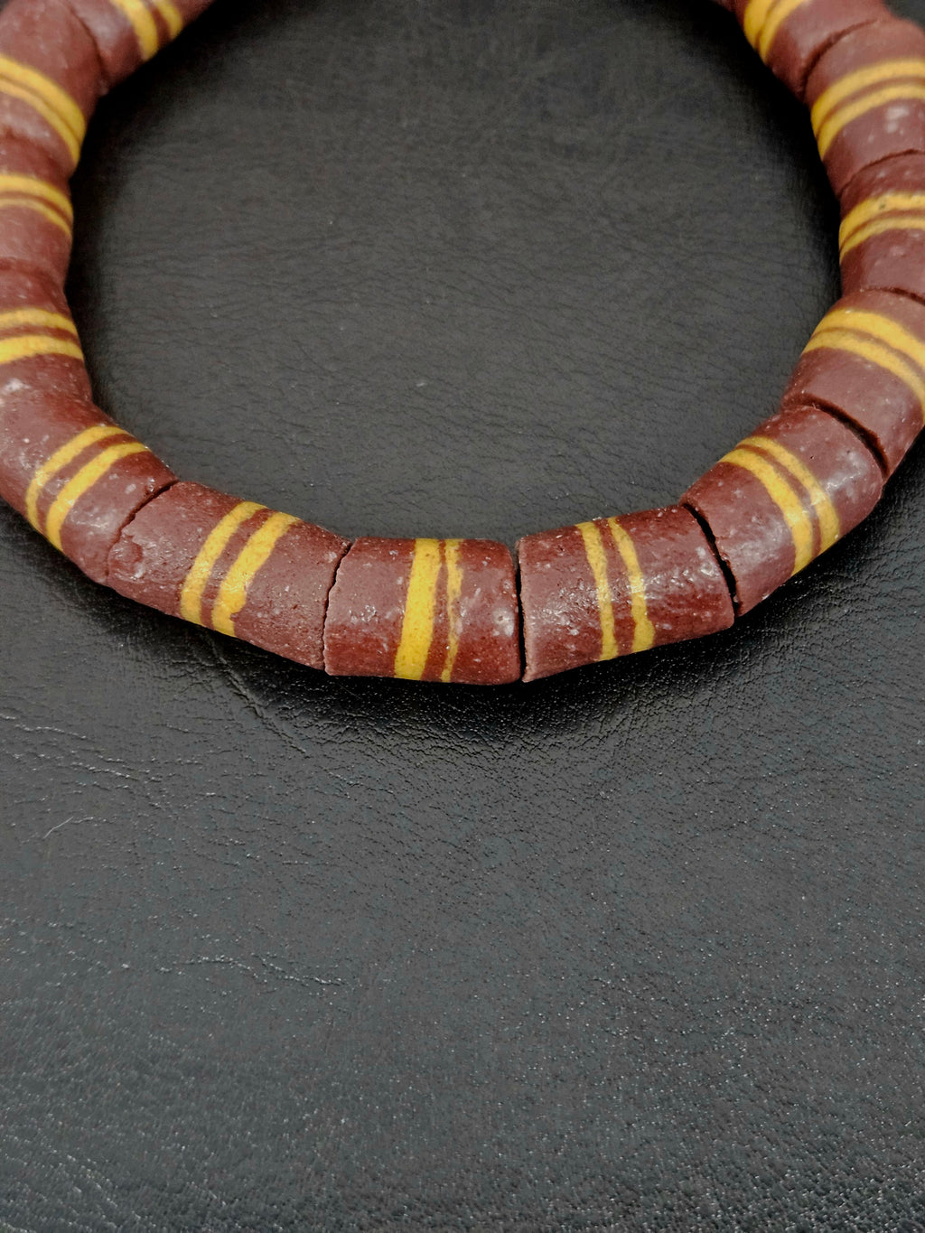Brown Striped Krobo Kente Glass Beads | Handcrafted Powdered Glass Beads from Ghana | Approx. 17 Beads