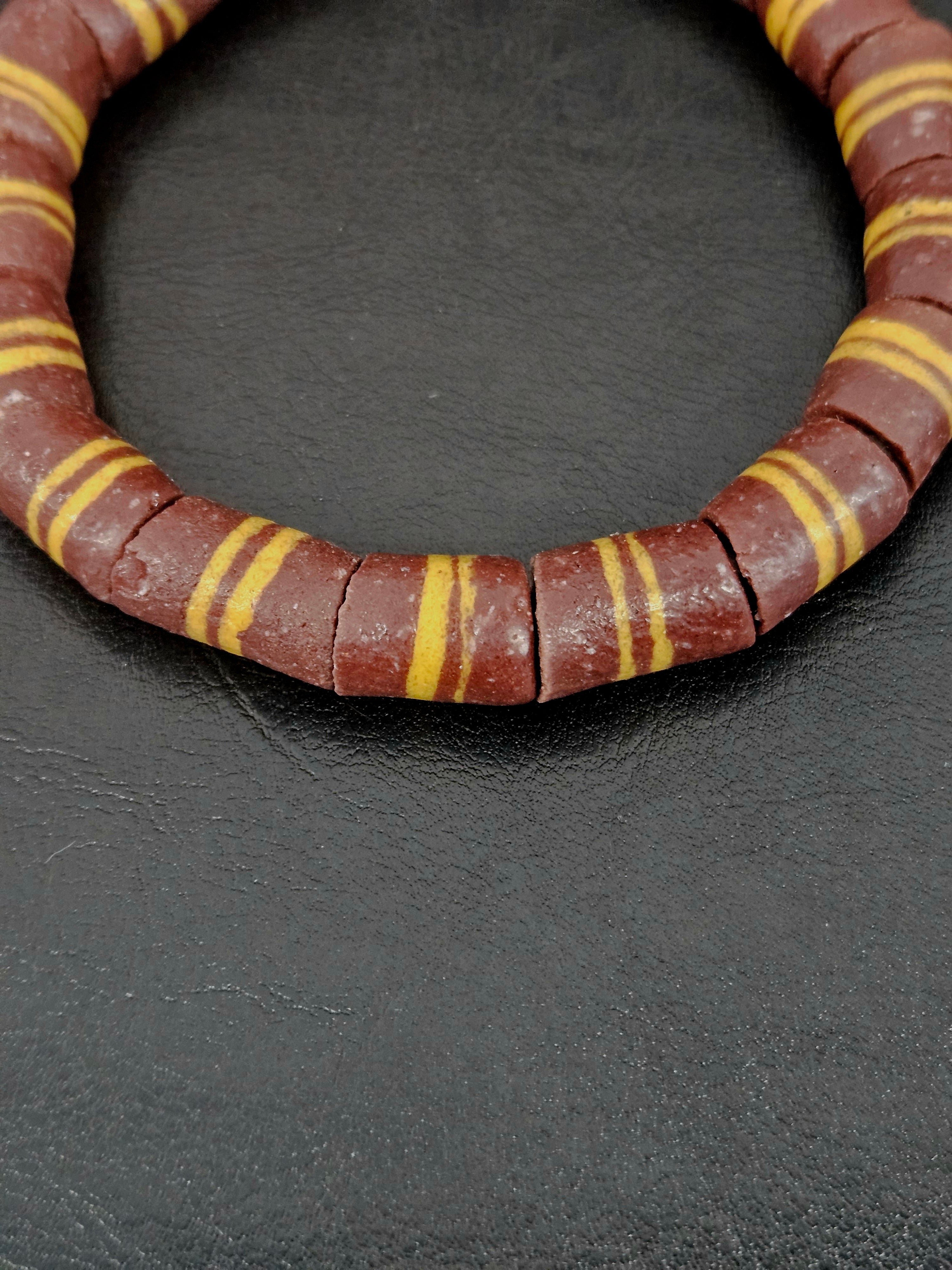 Brown Striped Krobo Kente Glass Beads | Handcrafted Powdered Glass Beads from Ghana | Approx. 17 Beads