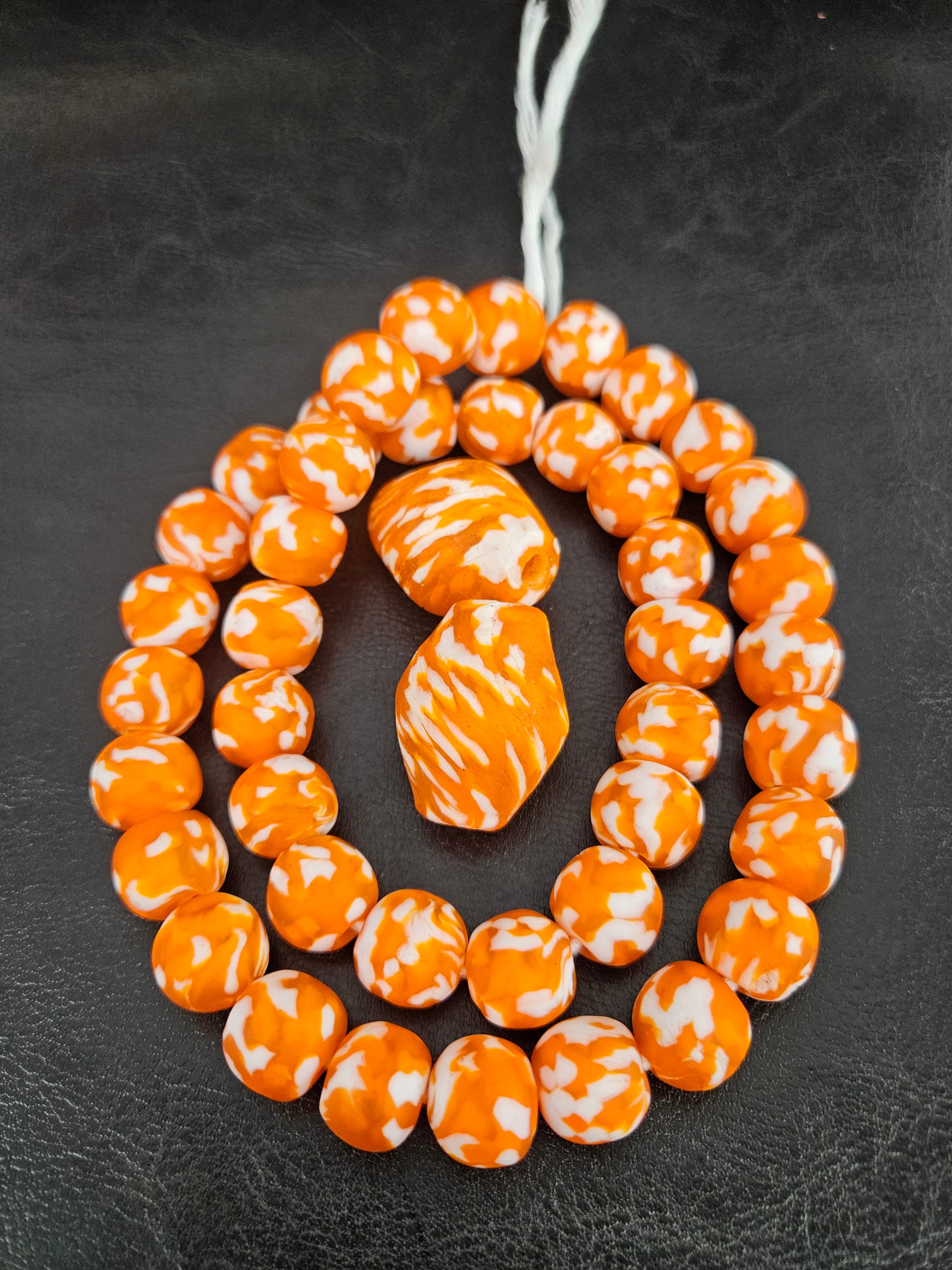 African Glass Bead Bundle – Orange & White Krobo Rounds + Focal Beads