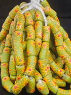 Sage Green Painted Krobo Glass Tube Beads | Handmade Recycled Glass Beads from Ghana