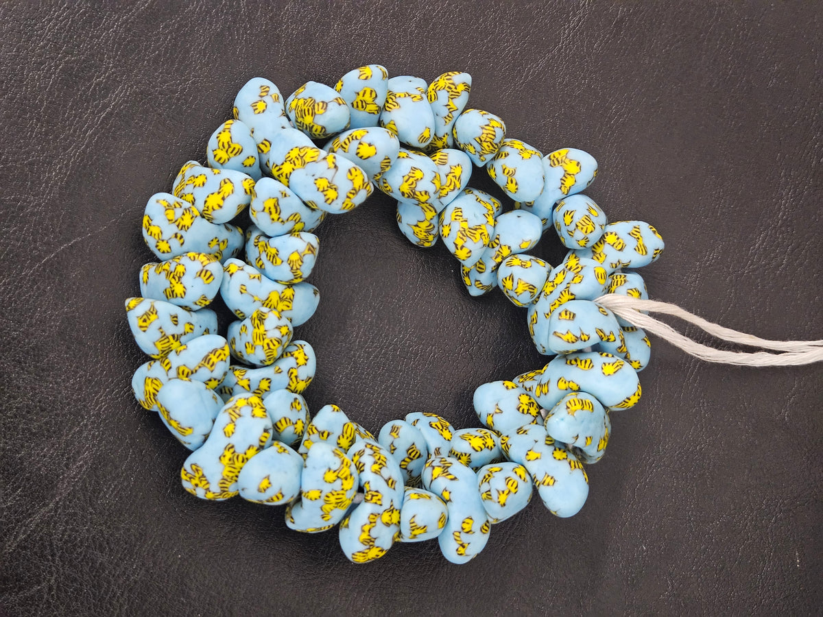 XL Sky Blue, Black & Golden Yellow Canoe-Shaped Krobo Powdered Glass Beads | Handmade Recycled Glass Beads from Ghana | Large Hole African Designer Beads