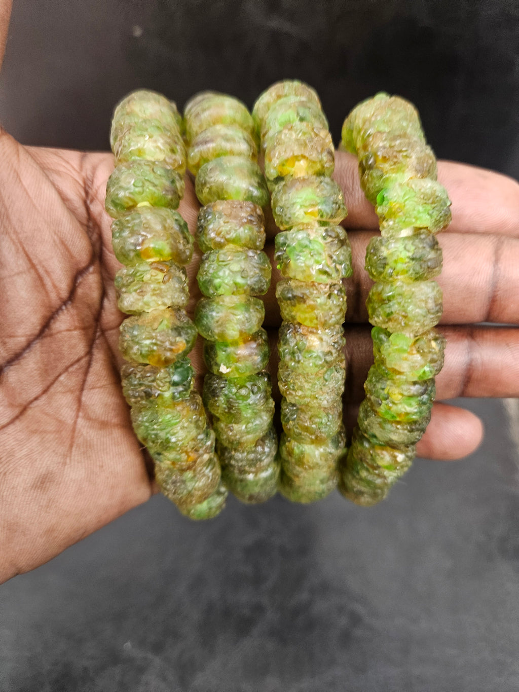 Moss Green African Recycled Glass Short Tube Beads – Handmade Krobo Powder Glass Beads, 32–33 Beads