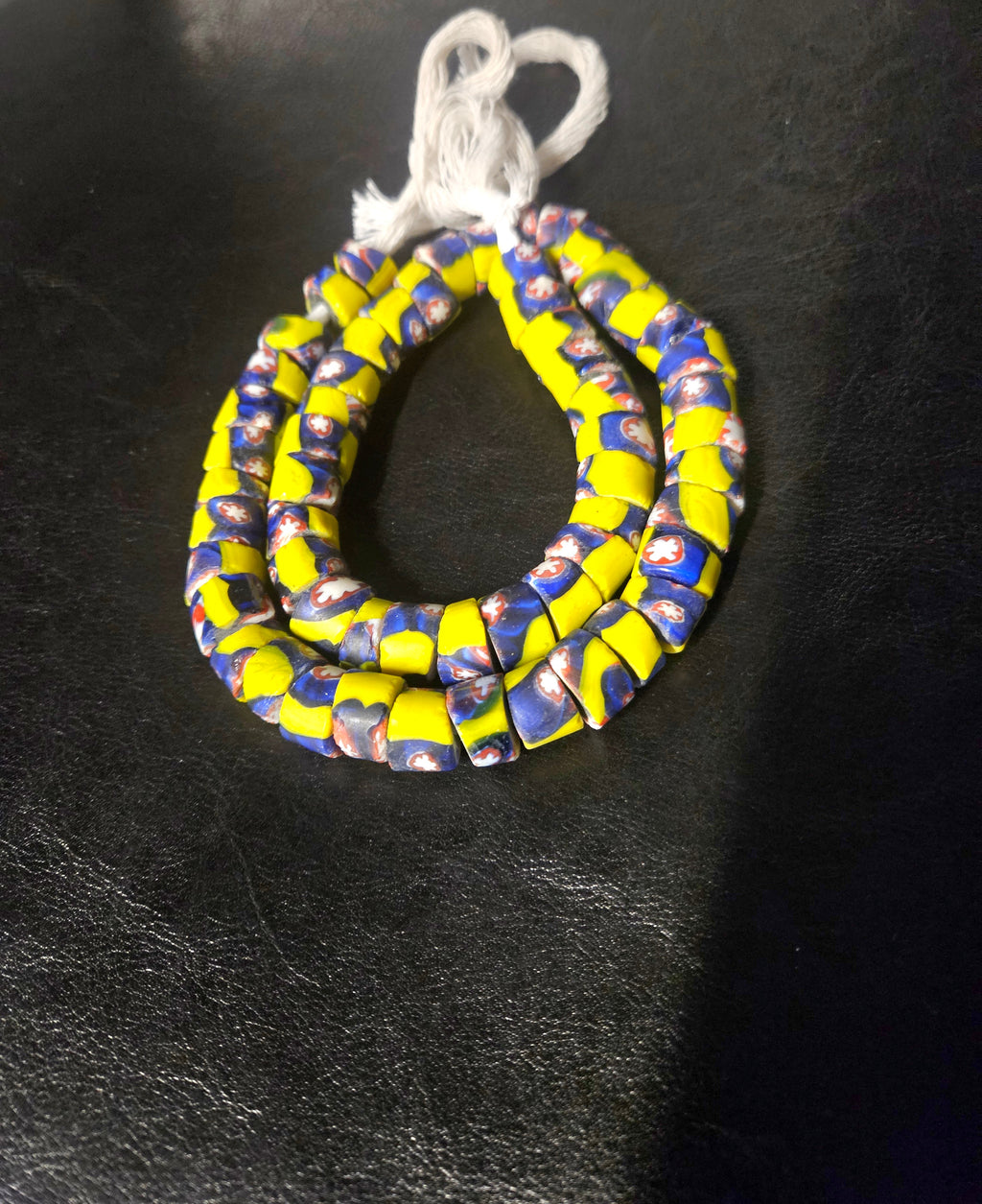 Designer Patterned Trade Beads – Yellow, Blue & Red Motif Strand