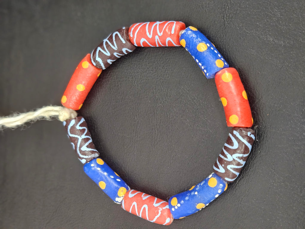 Multicolor Krobo Painted Glass Tube Beads with Hand-Painted Geometric & Wave Motifs | Handcrafted Recycled Glass from Ghana