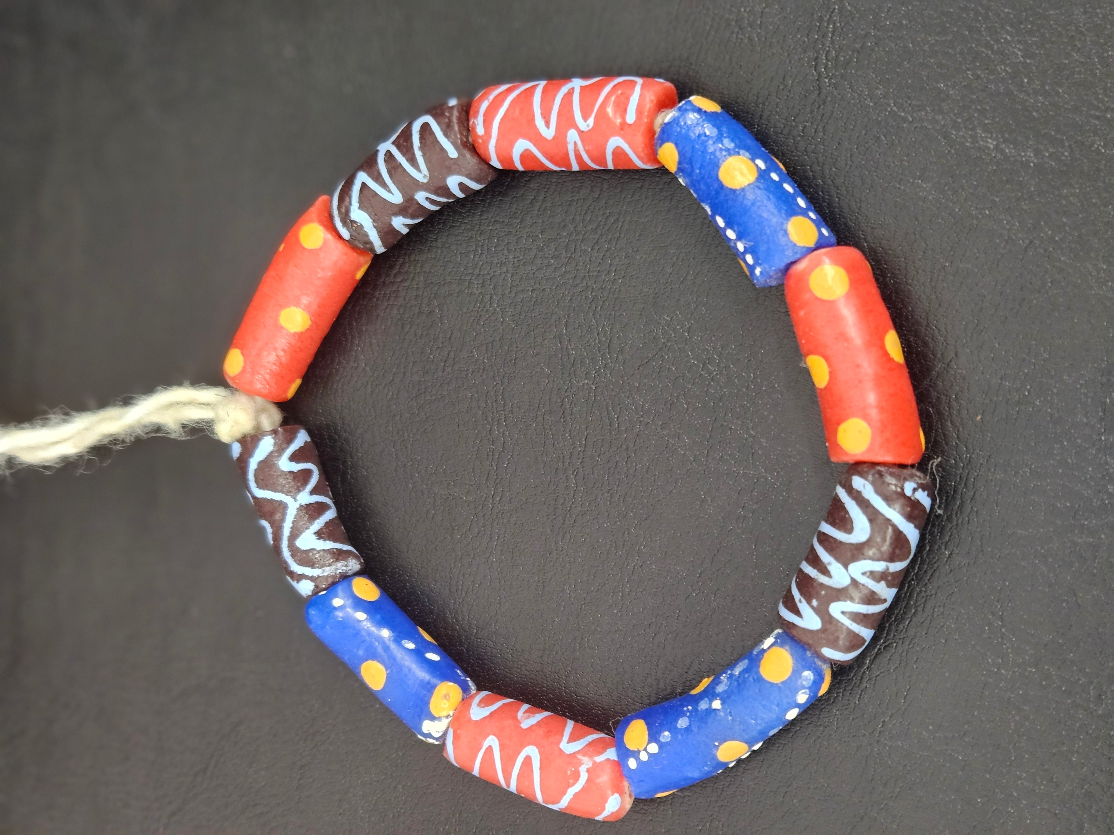 Multicolor Krobo Painted Glass Tube Beads with Hand-Painted Geometric & Wave Motifs | Handcrafted Recycled Glass from Ghana