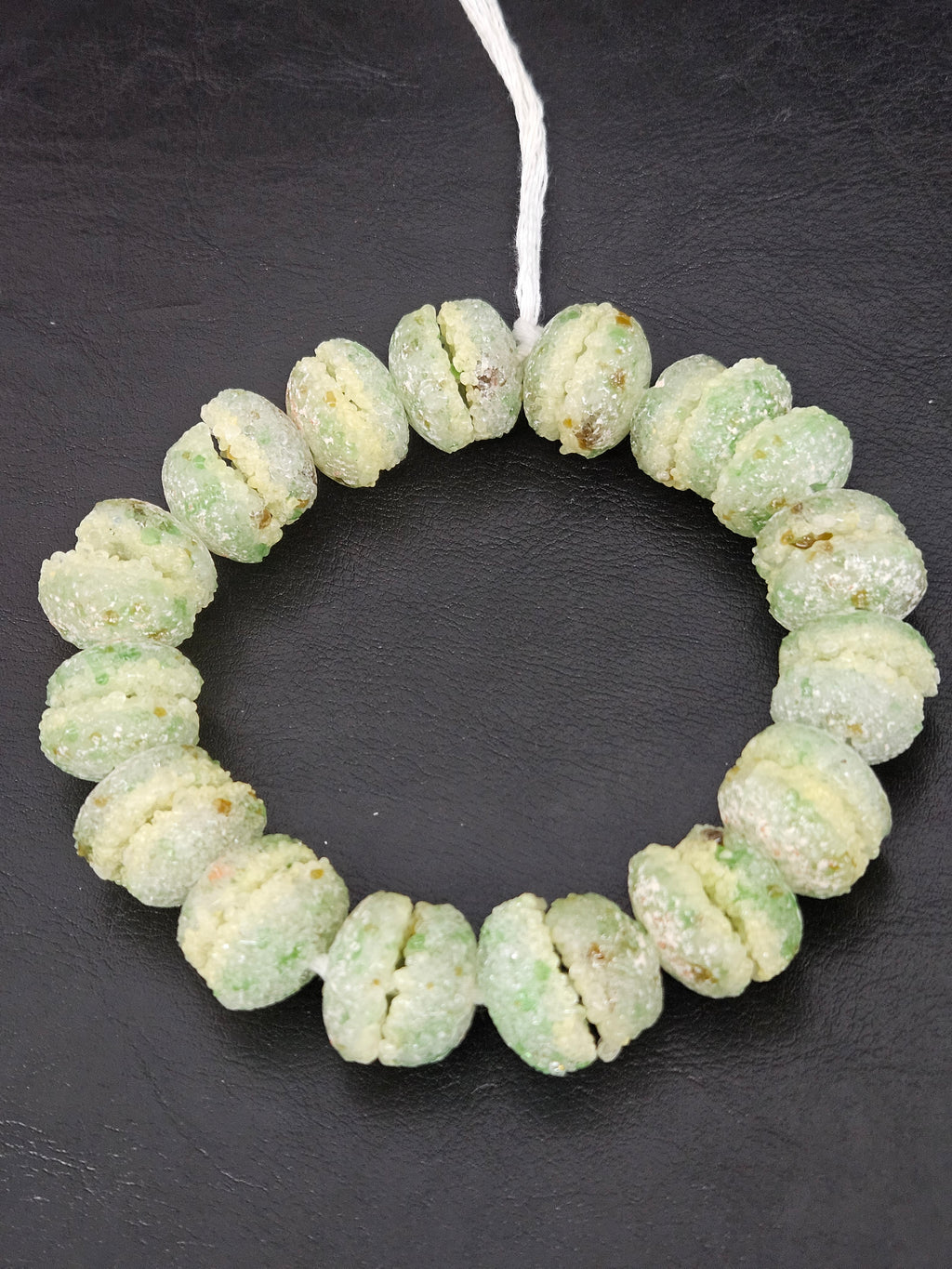 Green & Ivory Krobo Sugar Glass Rondelle Beads | Handcrafted Recycled Glass Beads from Ghana | Approx. 30 Beads Per Strand