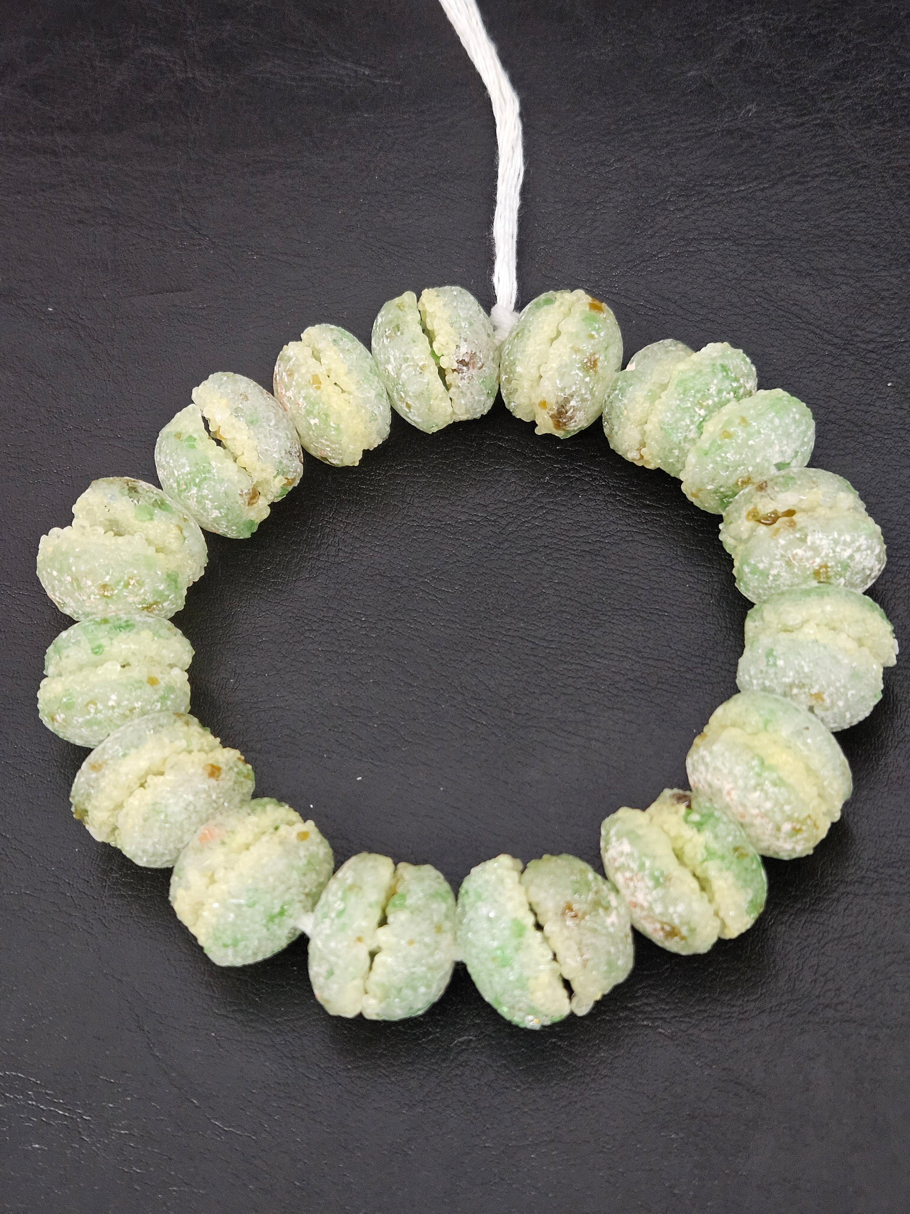 Green & Ivory Krobo Sugar Glass Rondelle Beads | Handcrafted Recycled Glass Beads from Ghana | Approx. 30 Beads Per Strand