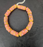 African Glass Beads – Painted Krobo Long Tubes, Gold & Coral Ghana Beads