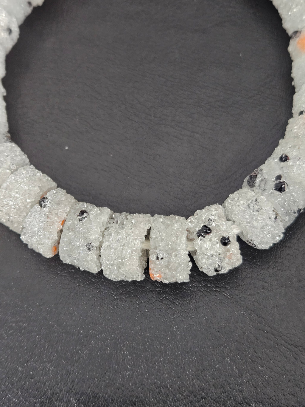 White Confetti Krobo Sugar Glass Short Tube Beads | Handcrafted Recycled Glass Beads from Ghana | Approx. 32 Beads Per Strand