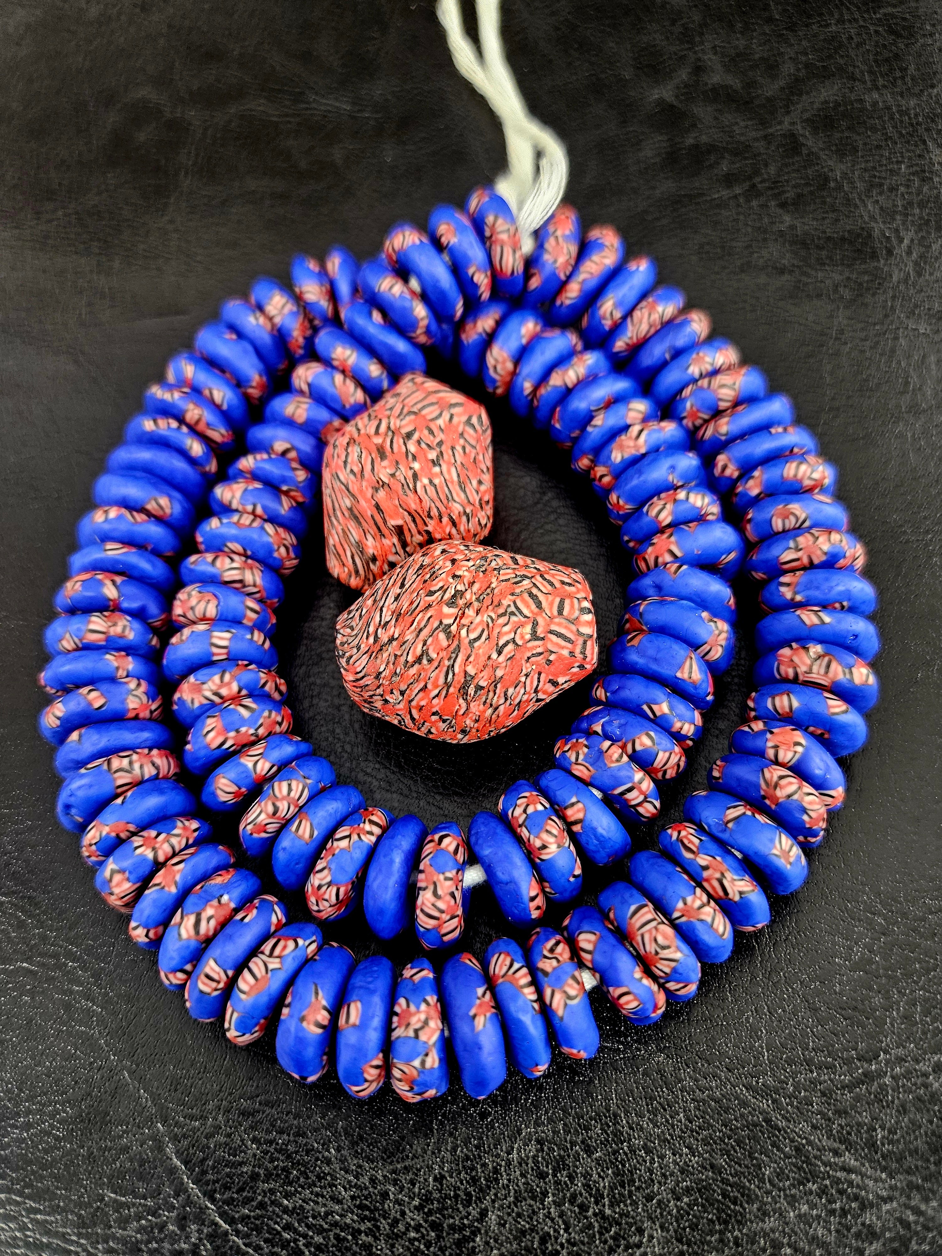 African Glass Bead Bundle – Cobalt Krobo Fused Rondelles + 2 Focal Beads