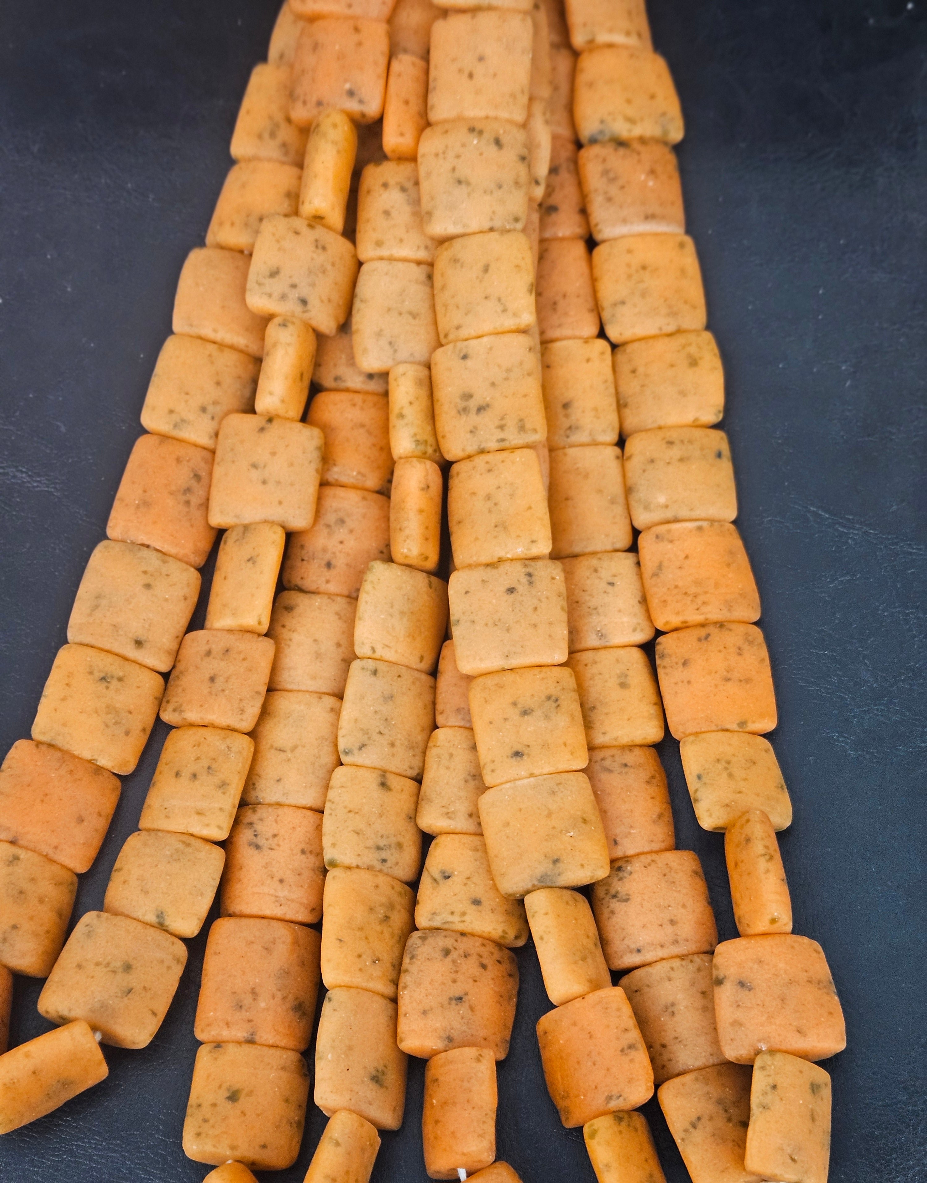 Authentic Large Krobo Powdered Glass Beads Ghana | Pumpkin Orange Recycled Glass Pillow Flat Cube Beads