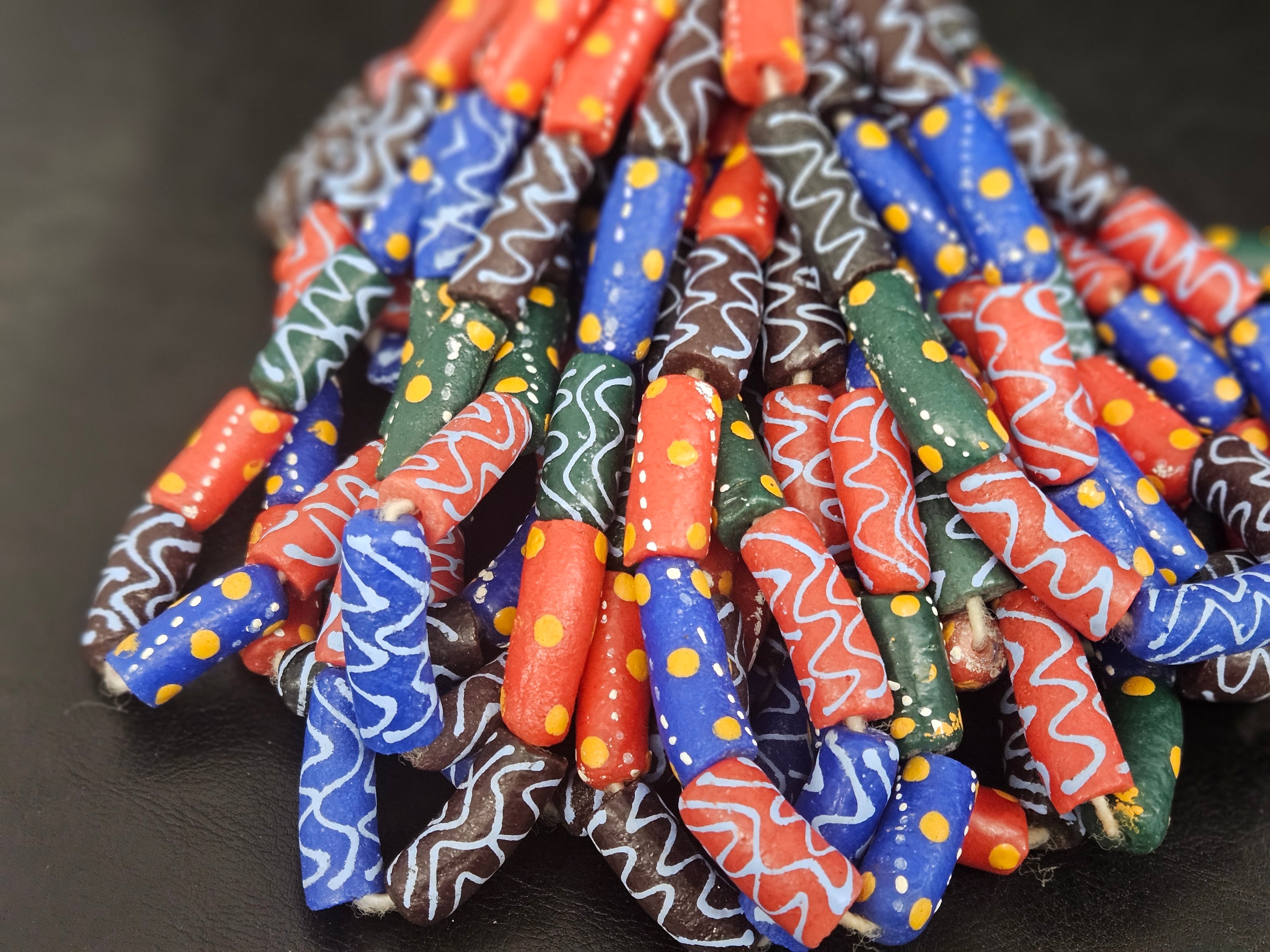 Multicolor Krobo Painted Glass Tube Beads with Hand-Painted Geometric & Wave Motifs | Handcrafted Recycled Glass from Ghana