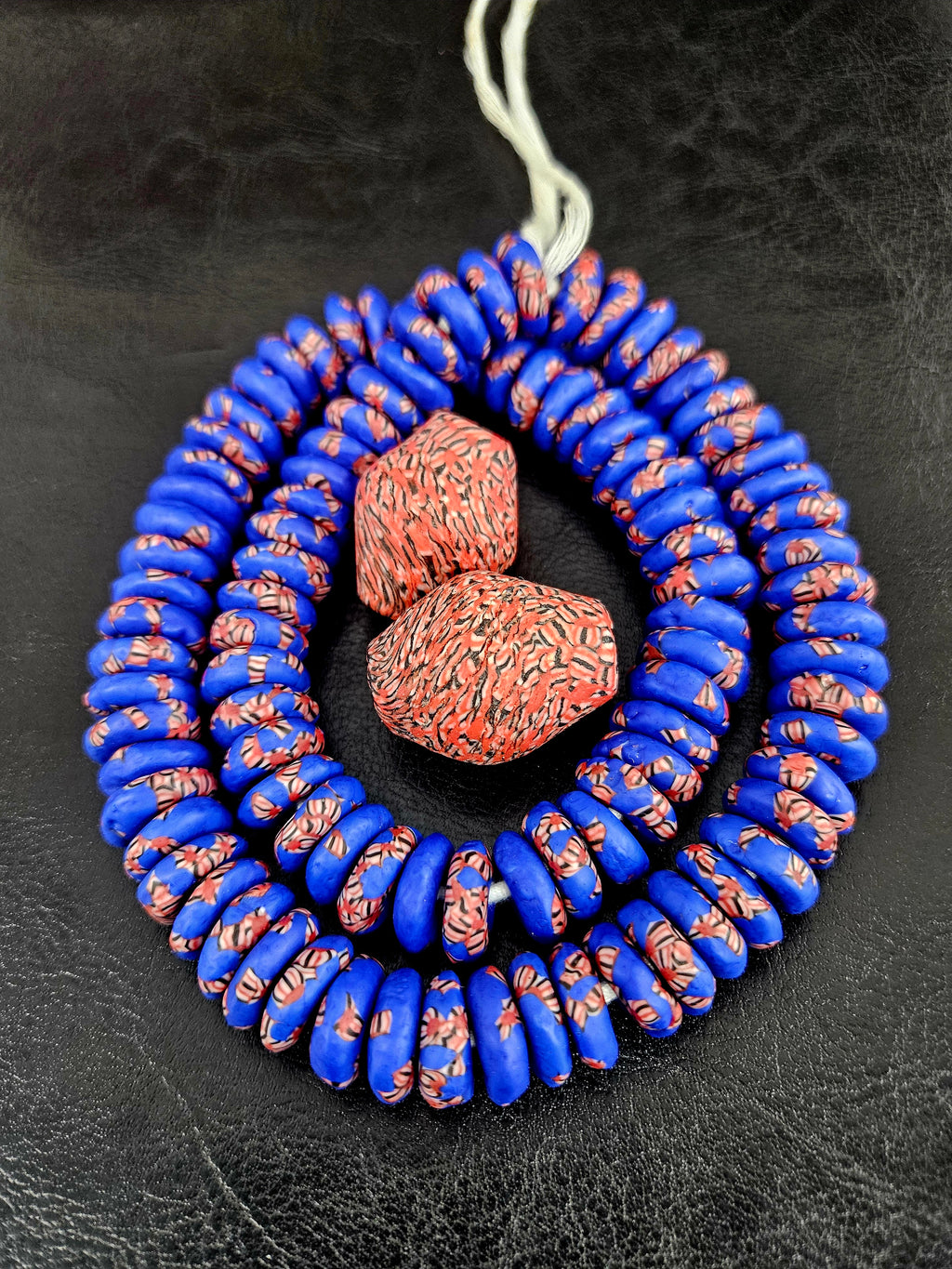African Glass Bead Bundle – Cobalt Krobo Fused Rondelles + 2 Focal Beads