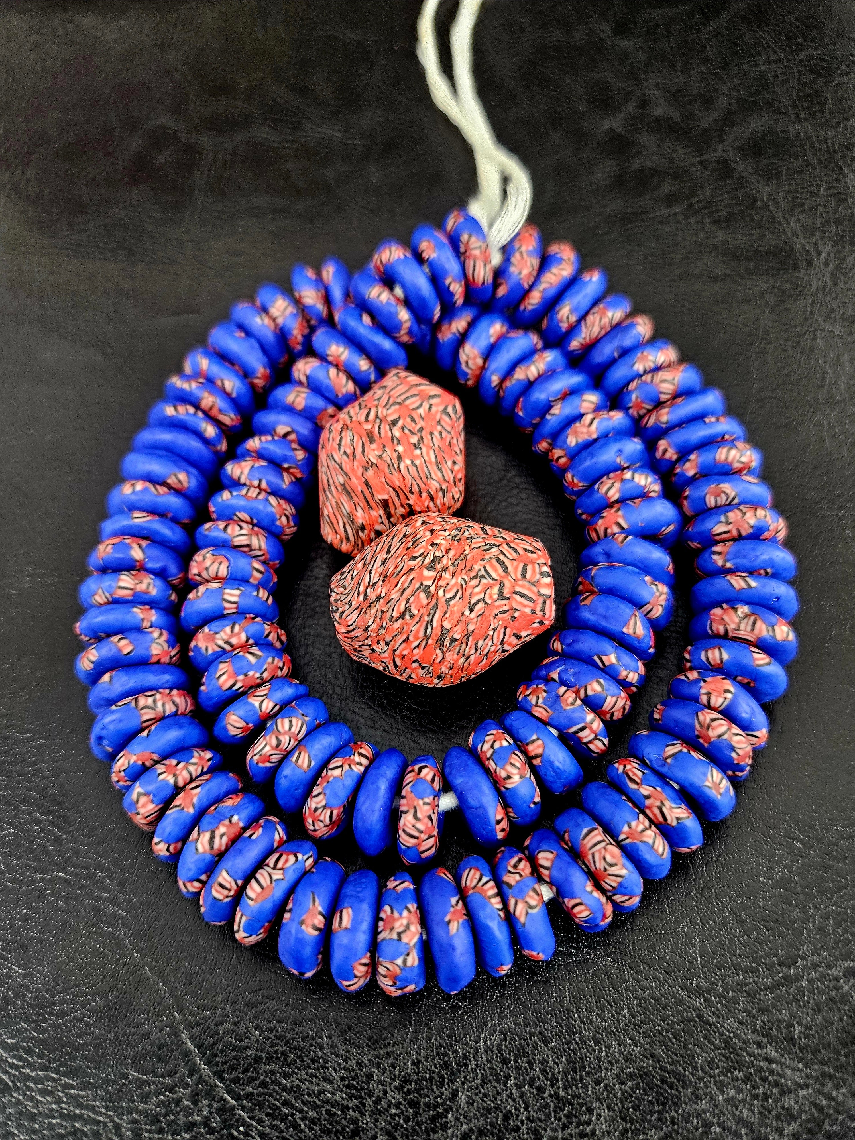 African Glass Bead Bundle – Cobalt Krobo Fused Rondelles + 2 Focal Beads